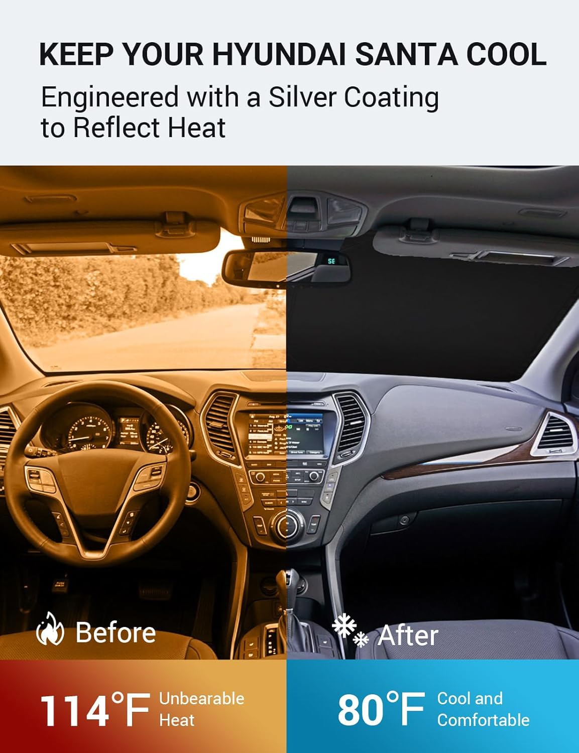 Proadsy 2025 Upgrade Windshield Sun Shade Custom Fit 2013-2018 Hyundai Santa Fe Foldable Front Sunshade Protector Sun Visor Bloc