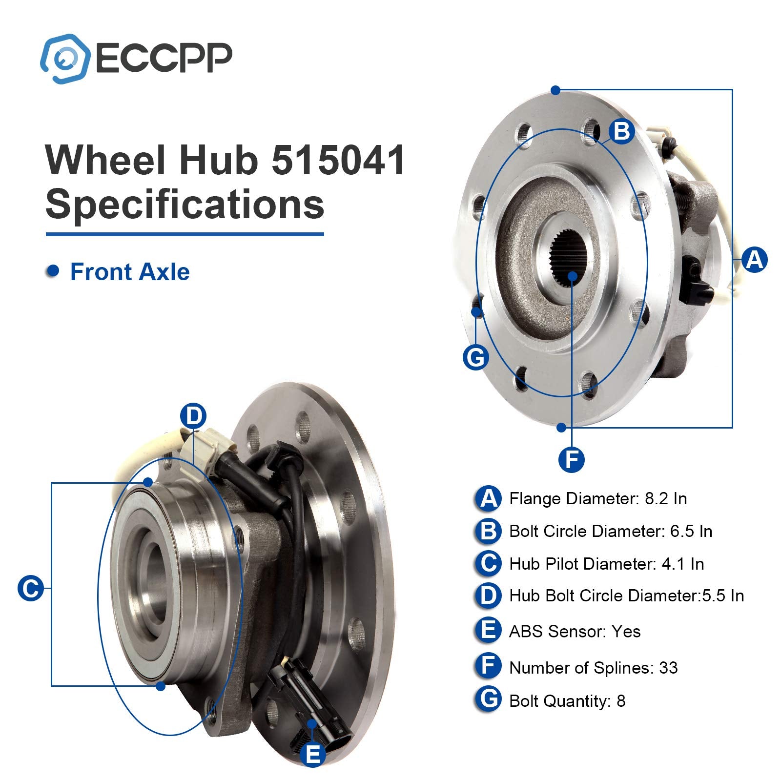 ECCPP Front Wheel Hub Bearing Assembly 8 Lugs w/ABS for 1996-2000 Chevy K3500 GMC K2500 Compatible with 515041