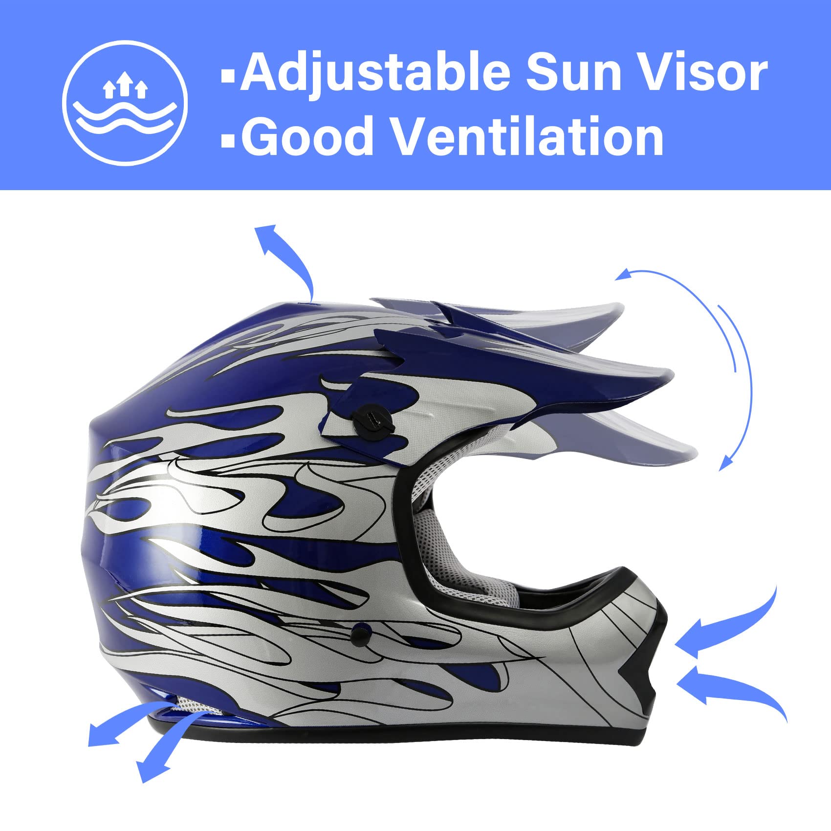 Tcmt Dot Youth & Kids Motocross Offroad Street Helmet Blue Flame Motorcycle Youth Helmet Dirt Bike Motocross Atv Helmet+Goggles+