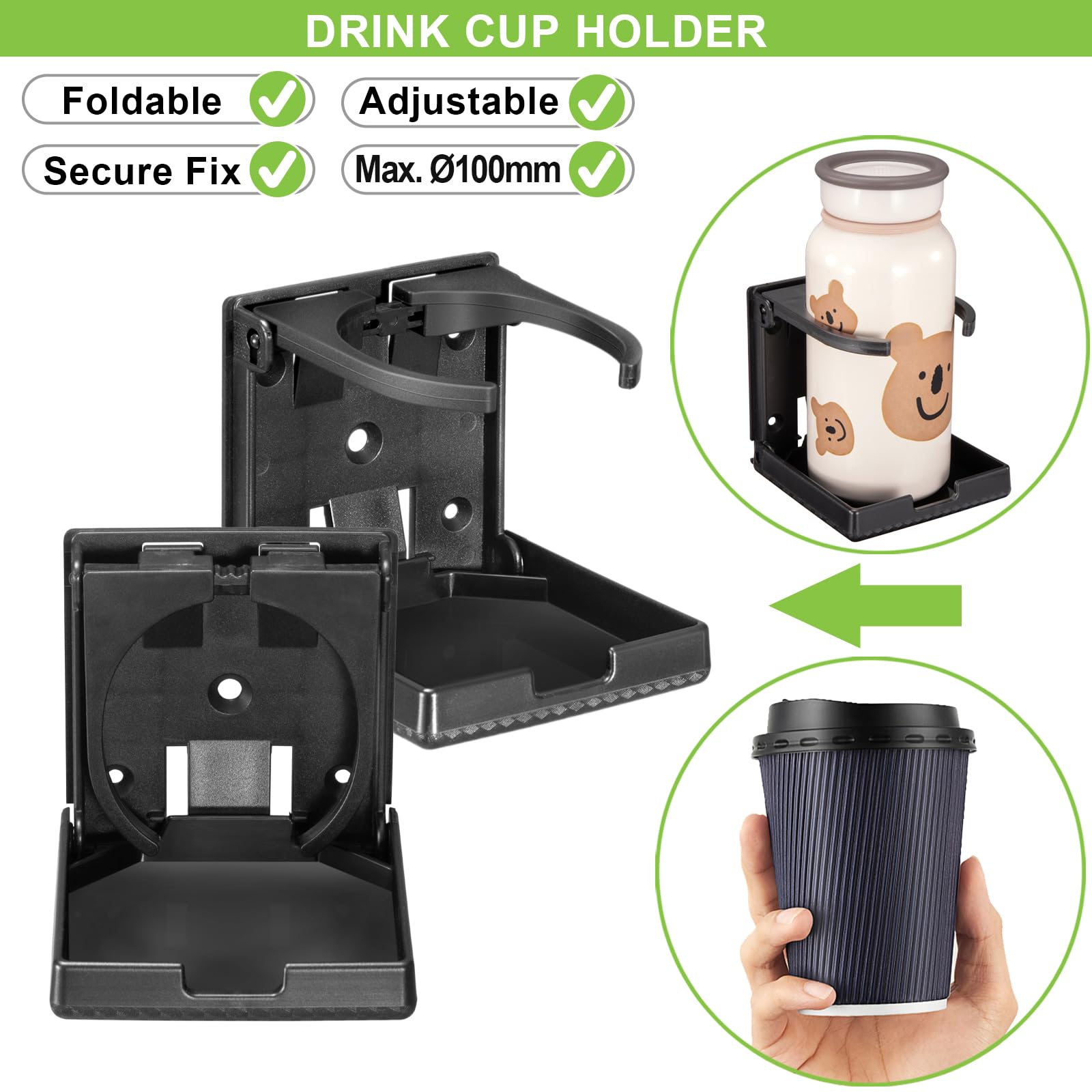 Spurtar 2Pcs Adjustable Folding Drink Holder Fit Most Size Mugs Bottle Wall Cup Holder Car Water Bottle Holder For Trucks, Rvs,