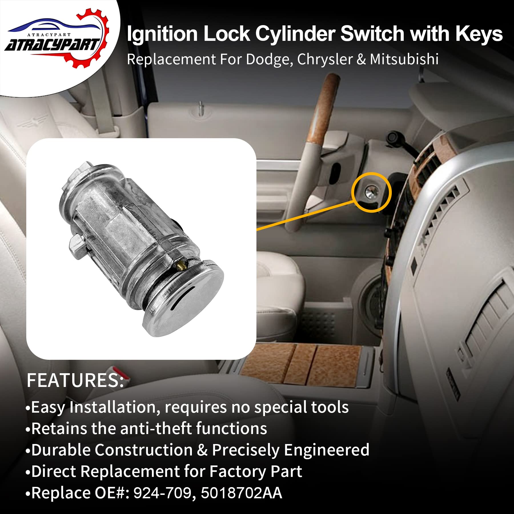 Ignition Lock Cylinder Switch With Keys | Replacement For 2001-2010 Dodge Ram 1500/2500/3500, Durango, Dakota, Chrysler Aspen &