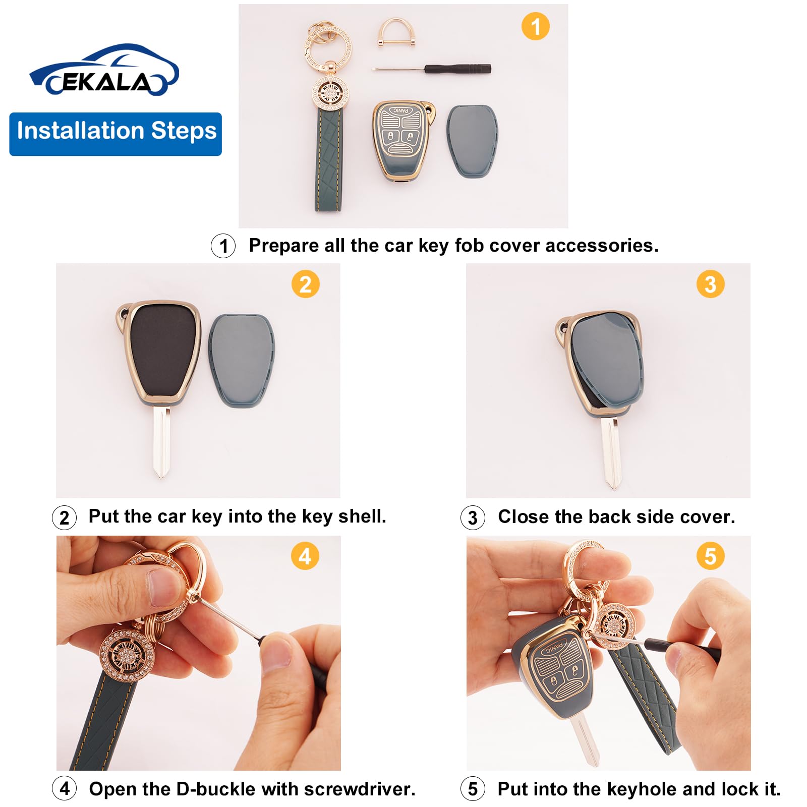 EKALA Key Fob Cover, 5 Buttons Key Shell Compatible with 2007-2018 Wrangler Compass Patriot, Dodge Ram Durango Dakota Chrysler(R