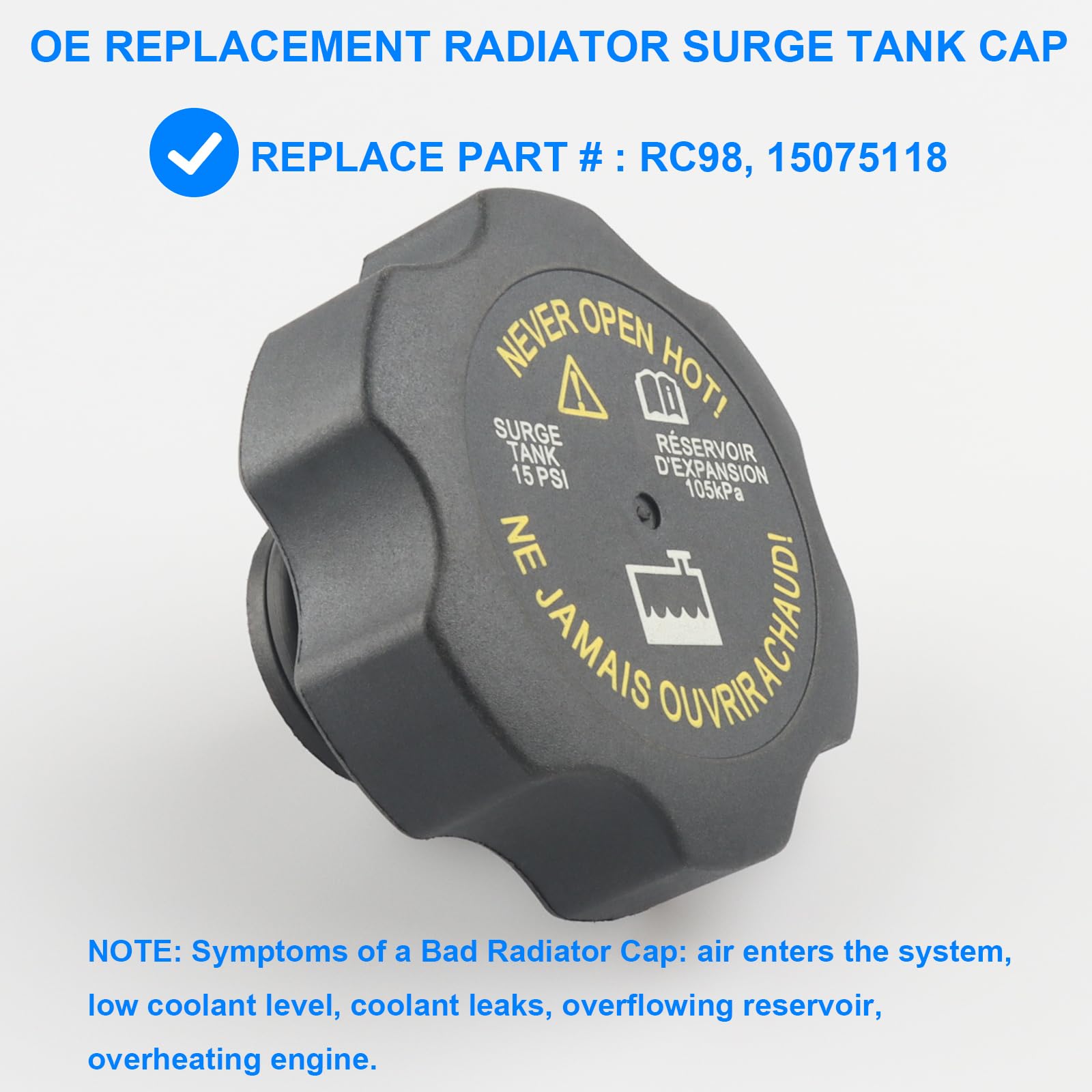 Radiator Surge Tank Cap, Coolant Reservoir Cap Replace Rc98, 15075118 Compatible With Chevy Gmc Duramax - 1999-2006 Silverado Sierra, 1999-2012 Malibu, 2000-2006 Tahoe Yukon, 1999-2005 Grand Am, More