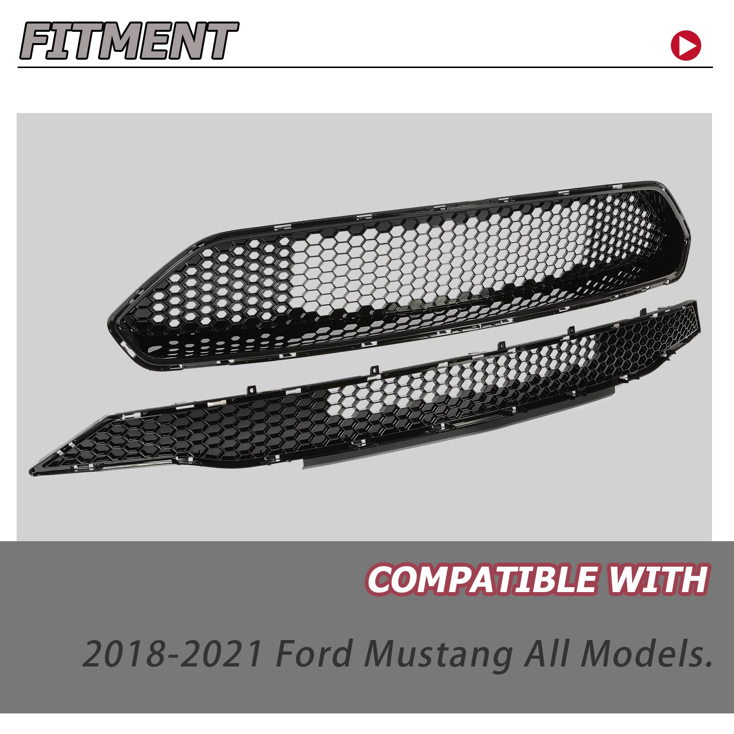 HECASA Upper + Lower Grille Compatible with 2018-2023 Ford Mustang Black Honeycomb Style Bumper Grill