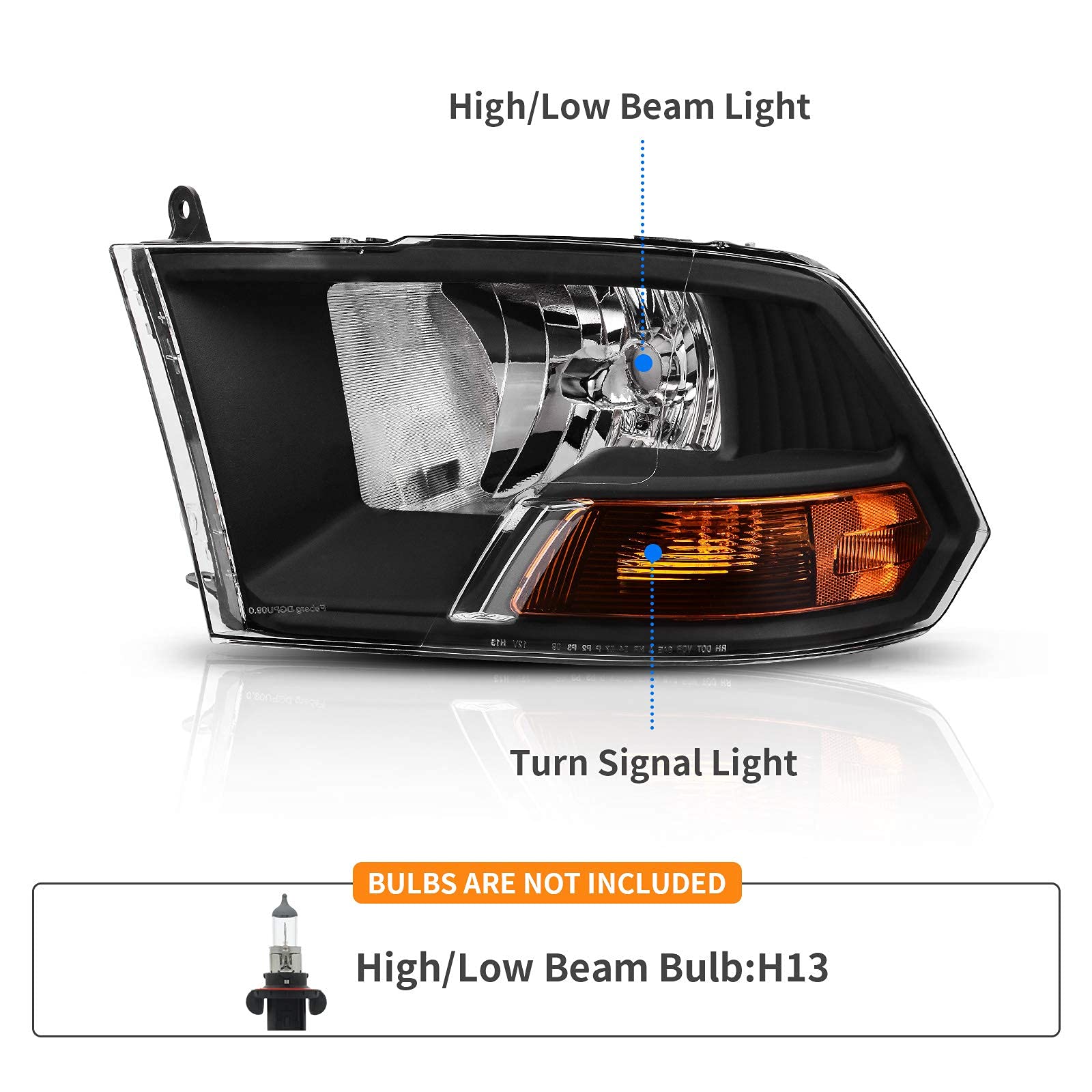 Dwvo Headlight Assembly Compatible With 09 10 11 12 Dodge Ram 1500 2500 3500 Pickup Replacement Headlamp Black Housing Headlamp