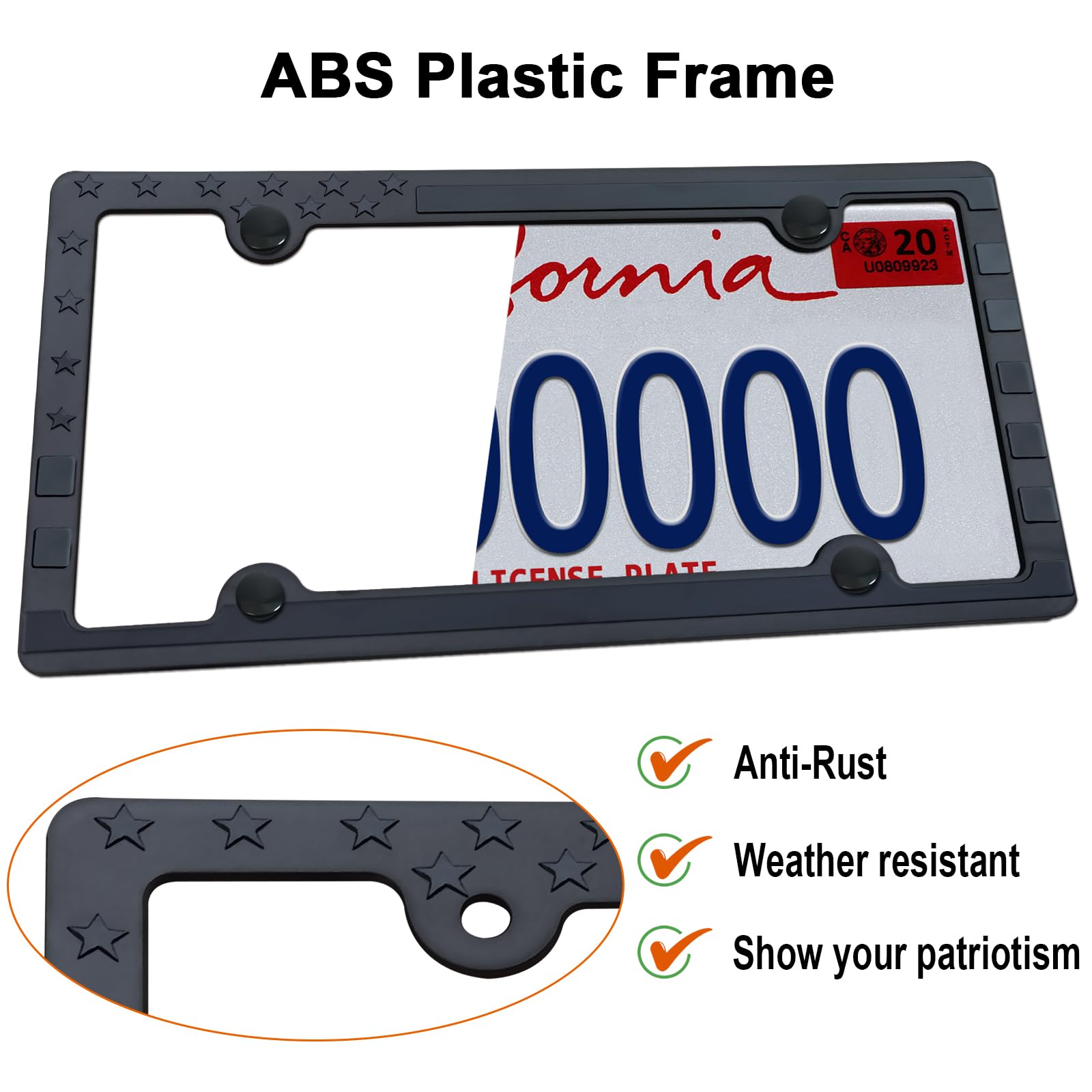 Aootf American Flag License Plate Frames- Patriotic Black Usa Stars And Stripes Flag Car Tag Frame, 2 Pack 4 Hole Thin Plastic H