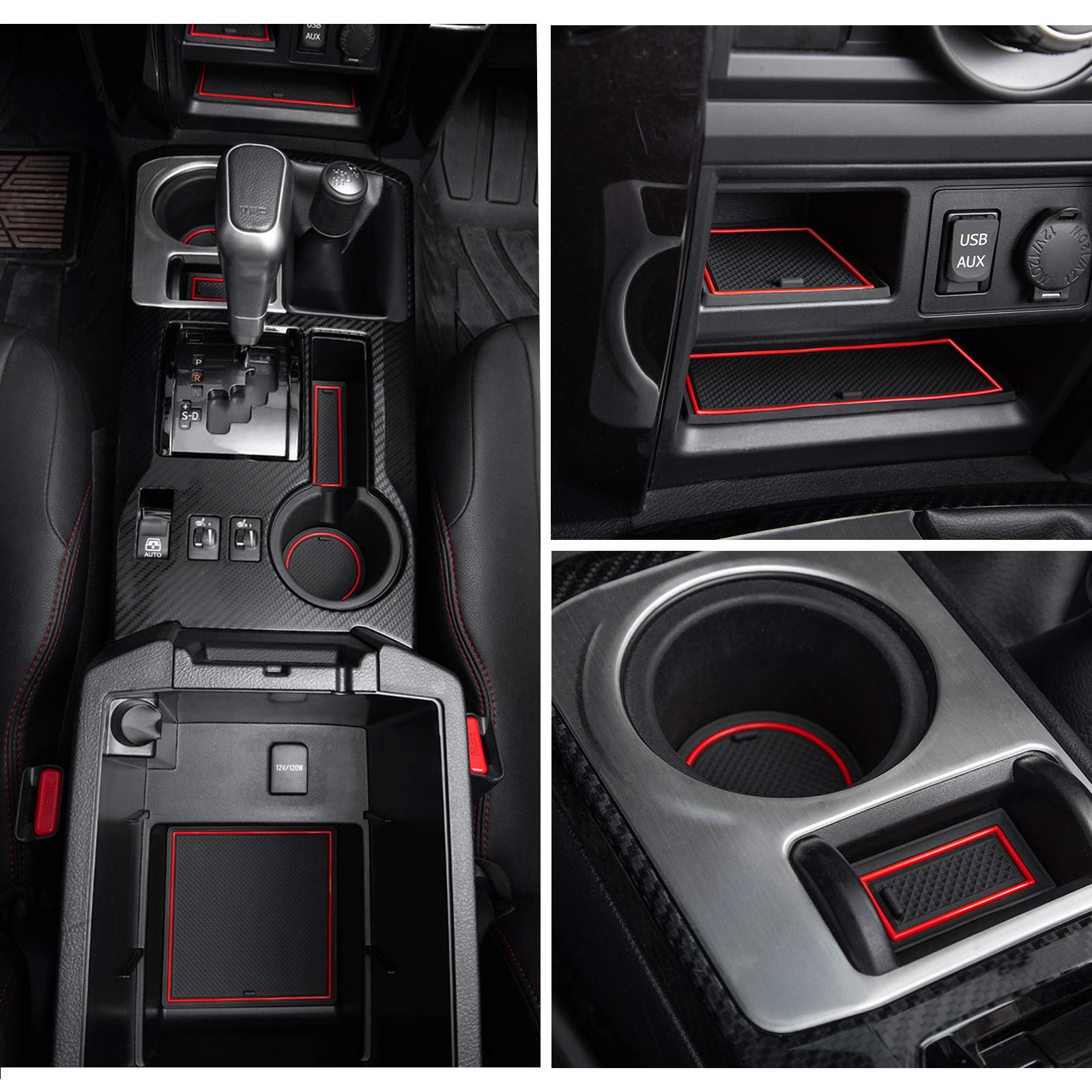 Jdmcar Liner Accessories Compatible With 2023 Toyota 4Runner 2010-2019 2020 2021 2022 - Premium Cup Holder, Console, And Door Pocket Inserts 27-Pc Set (2 Rows Of Seats) (Red Trim)