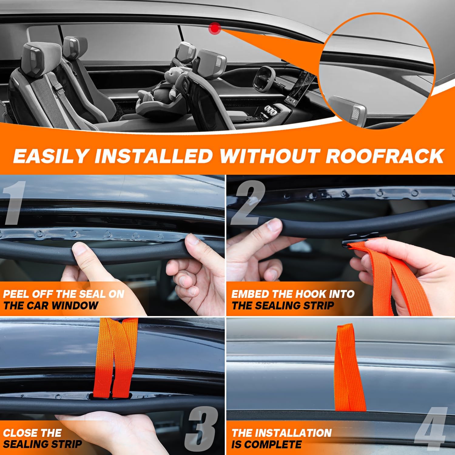 OVAMAN Rooftop Cargo Tie Down Hook Straps - Durable Orange Polypropylene, No Roof Rack Needed, Compatible with Most Cars, 6-Pack