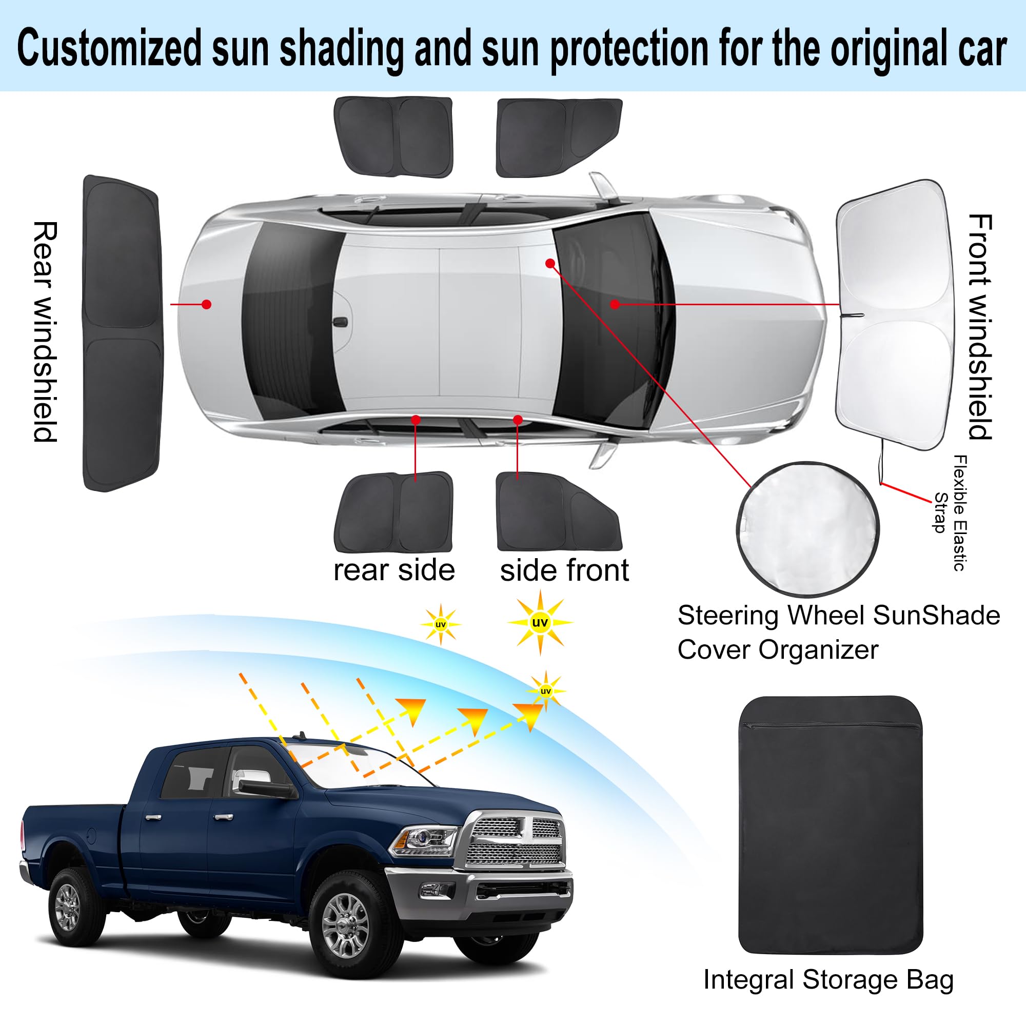 TINGLU Window Shades for Dodge RAM 2500/3500 (2010-2025) - Black Polyester Sun Shade, UV Protection, 6PCS