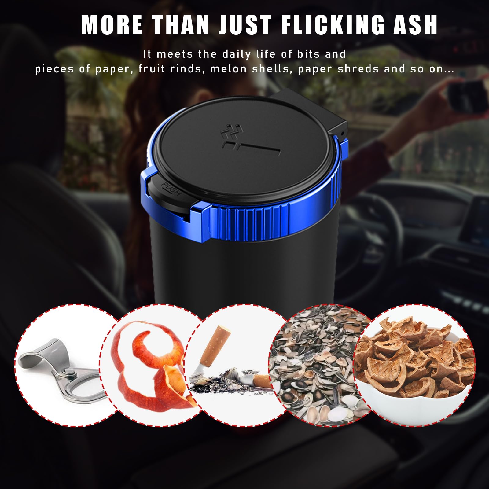 Dickno 2 PCS Car Ashtray with Lid, Detachable Stainless Smokeless Auto Ashtray, Portable Mini Vehicle Trash Can with LED Blue Li