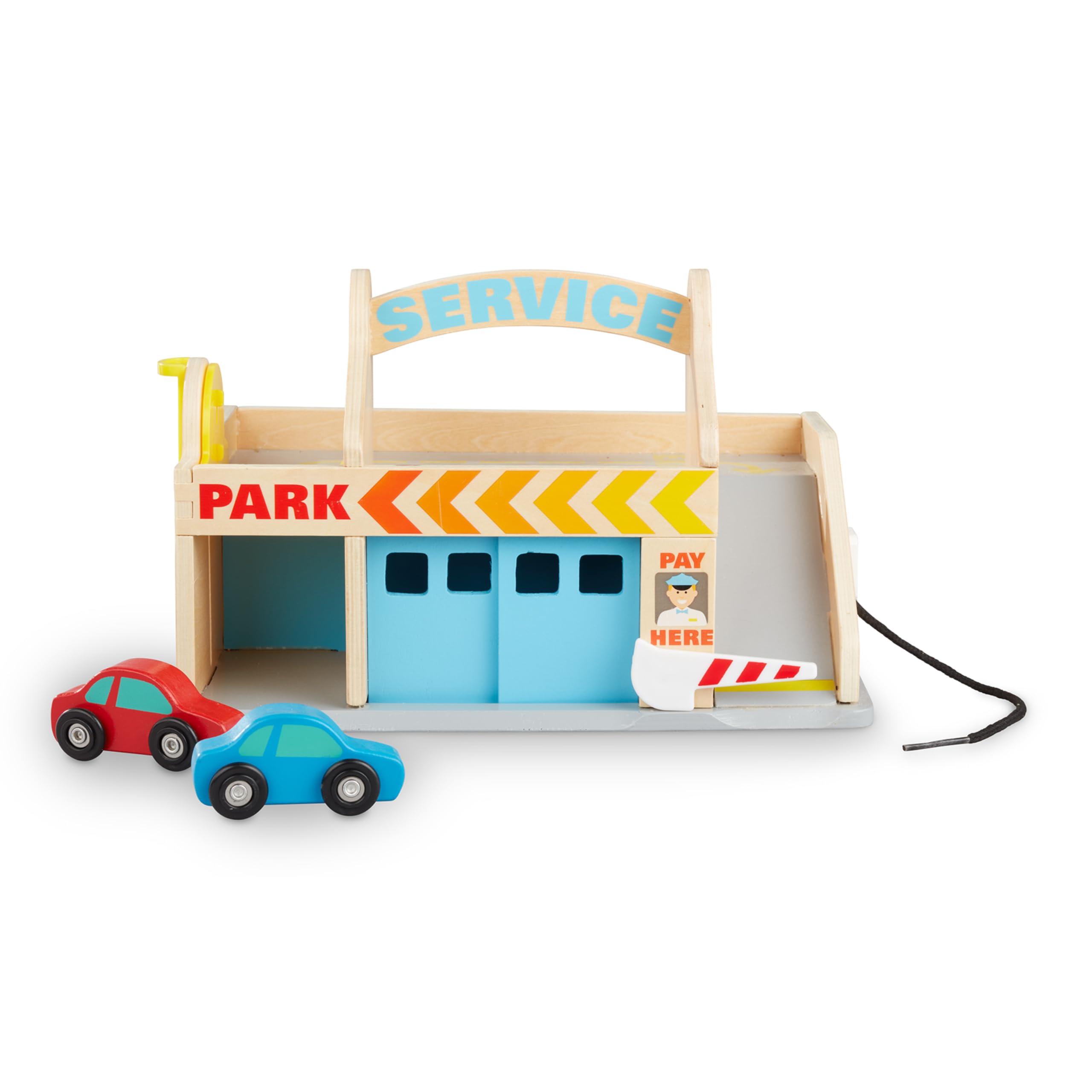 Melissa & Doug Service Station Parking Garage with 2 Wooden Cars, Drive-Thru Car Wash, One Size, Multi Color, Model 98050