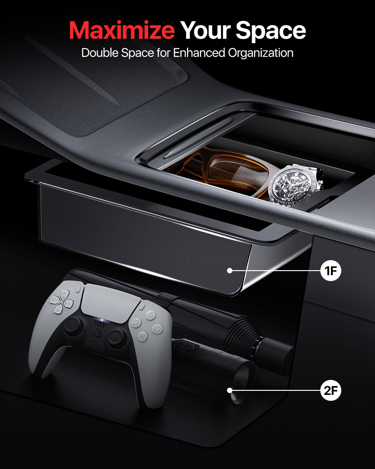 Reevaa 2024 Newest Tesla Model Y /3 Center Console Organizer Tray Accessories [Bumpy Road Friendly] Fit For Tesla Model Y 2024-2