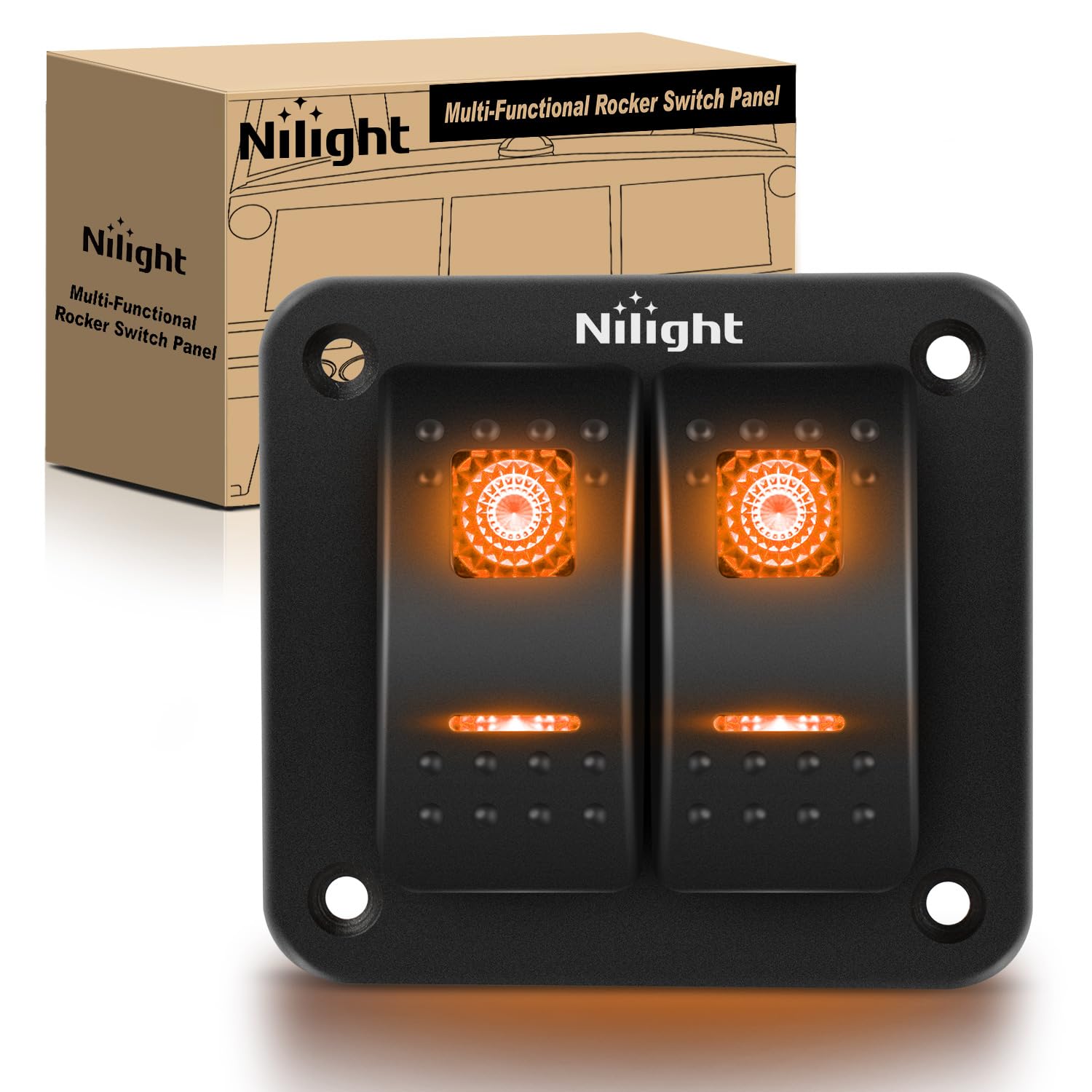 Nilight 2 Gang Rocker Switch Panel With Orange Led Light 5 Pin On Off Pre-Wired Rocker Switch Aluminum Panel Toggle Switch Panel
