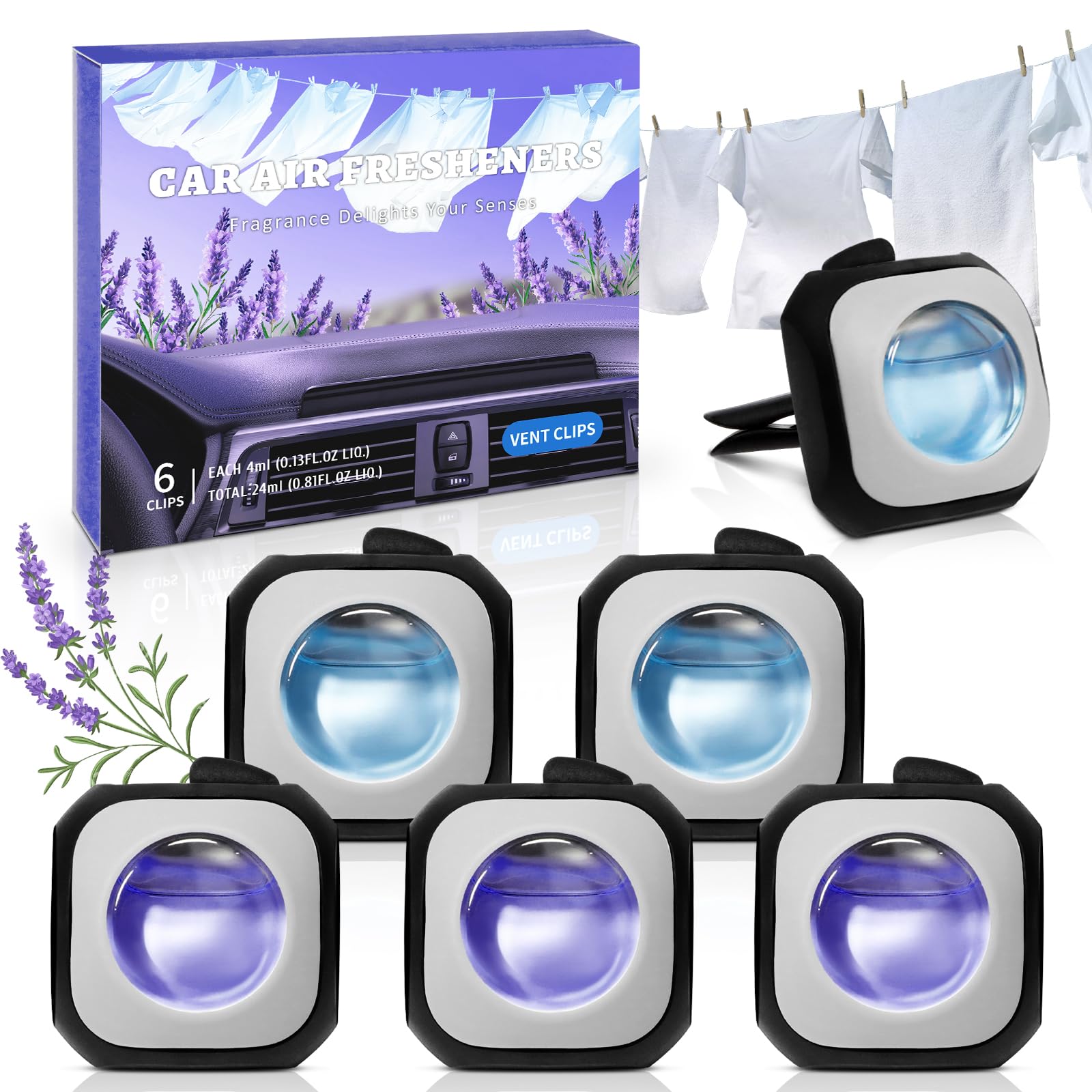 SCENTORINI Car Air Freshener, Variety Pack, Car Air Freshener Vent Clips, 3 Linen & 3 Lavender Scent, Pack of 6, Up to 180 Days,