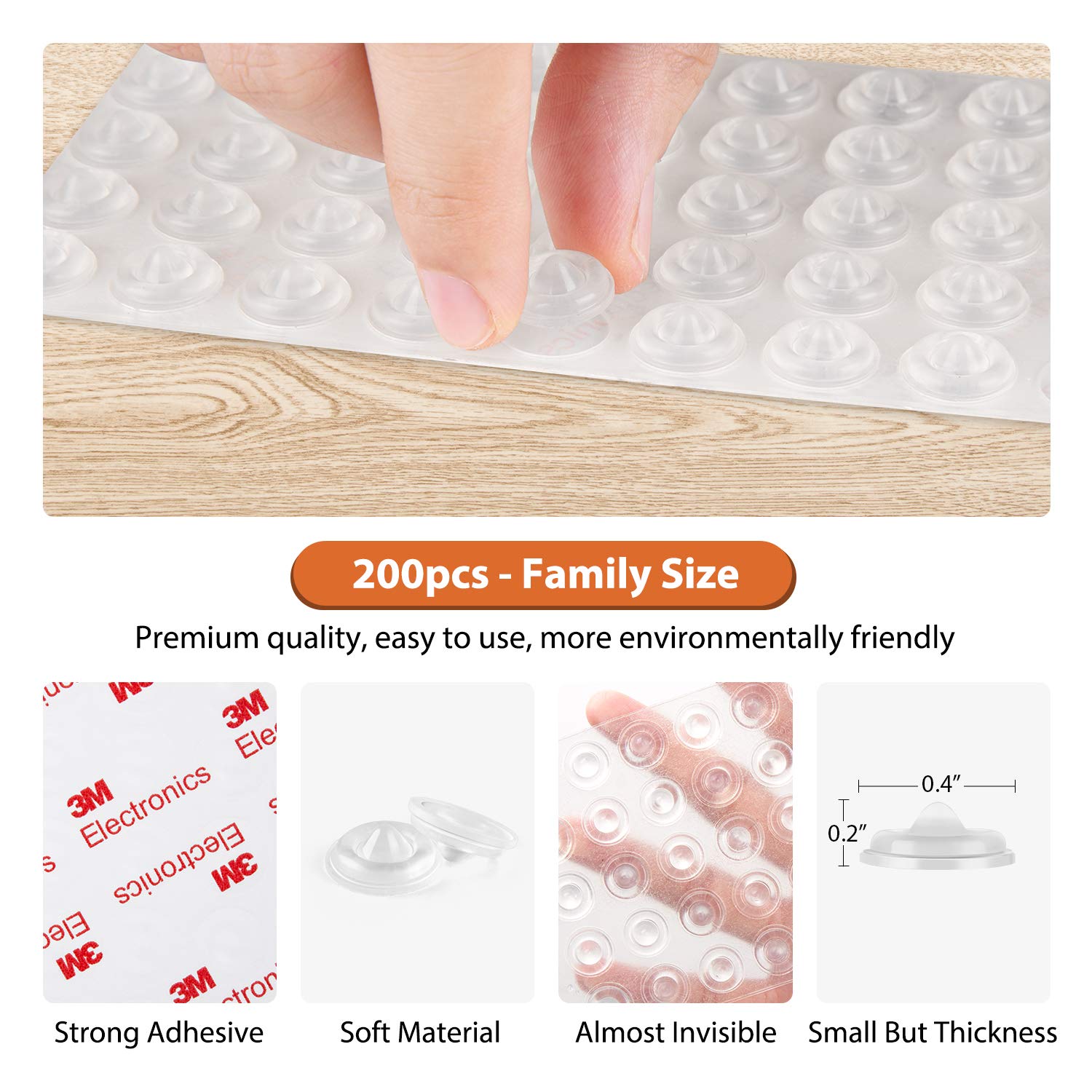 Cabinet Bumpers 200 Pcs Rubber Bumpers, Circular Dots Shaped Self Adhesive Bumper Pads, Sound Dampening Clear Cabinet Door Bumpers, Cabinet Stoppers For Drawer, Picture Frames, Cutting Boards