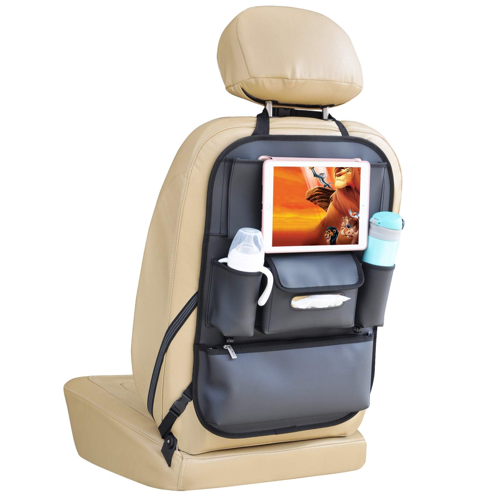 Viaviat Car Seat Organizers Waterproof Backseat Protector With Storage Pocket Large Leather Kick Mats For Kids Pets Automobile Suv Truck (Black, Large Pocket)