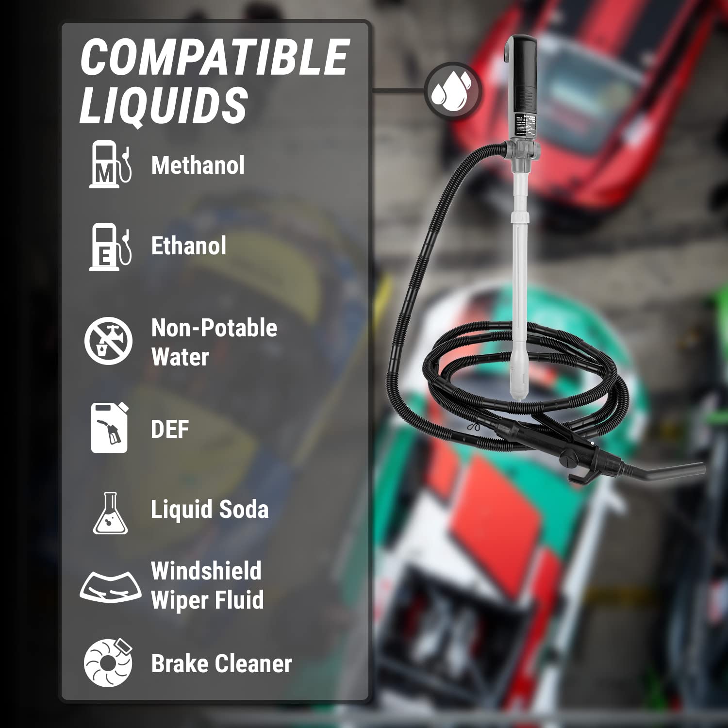 Tera Pump Portable Battery Powered Chemical Transfer Pump (2.1 Gal/Min) Liquid Transfer Pump With 10Ft Outtake Hose, Quick Stop