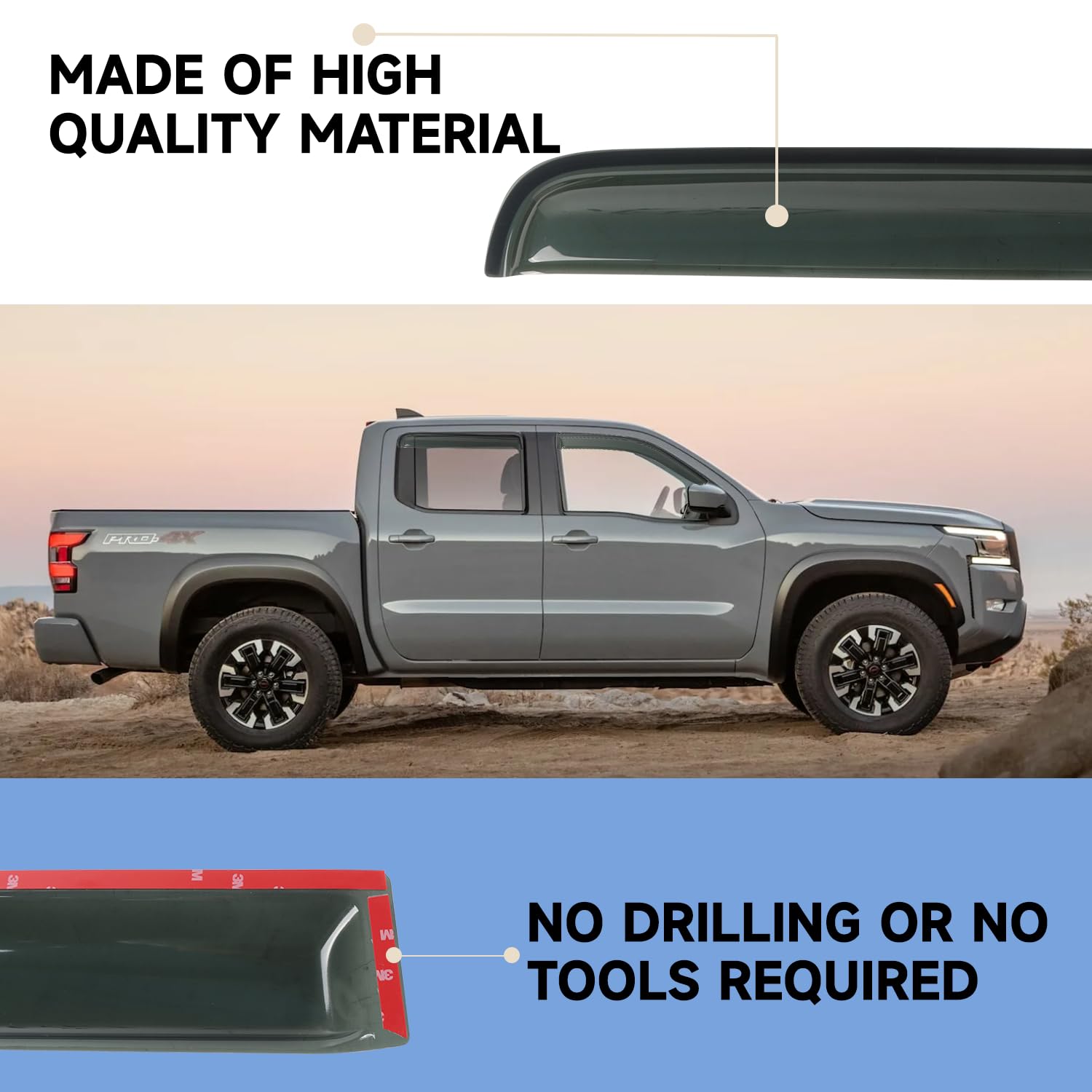 Window Visor Rain Guards Fit for Nissan Frontier Crew Cab 2005-2021 Trucks, Outside Mount Vent Deflector, Smoke Tinted Side Wind