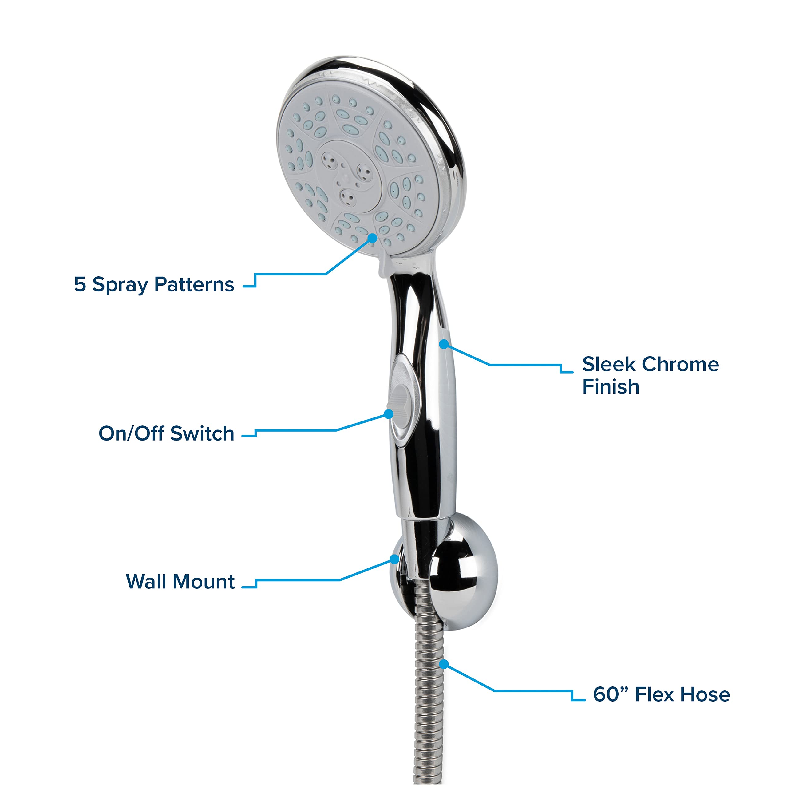 Camco 43713 Rv Shower Head Kit With On/Off Switch And 60 Flexible Shower Hose (Chrome)