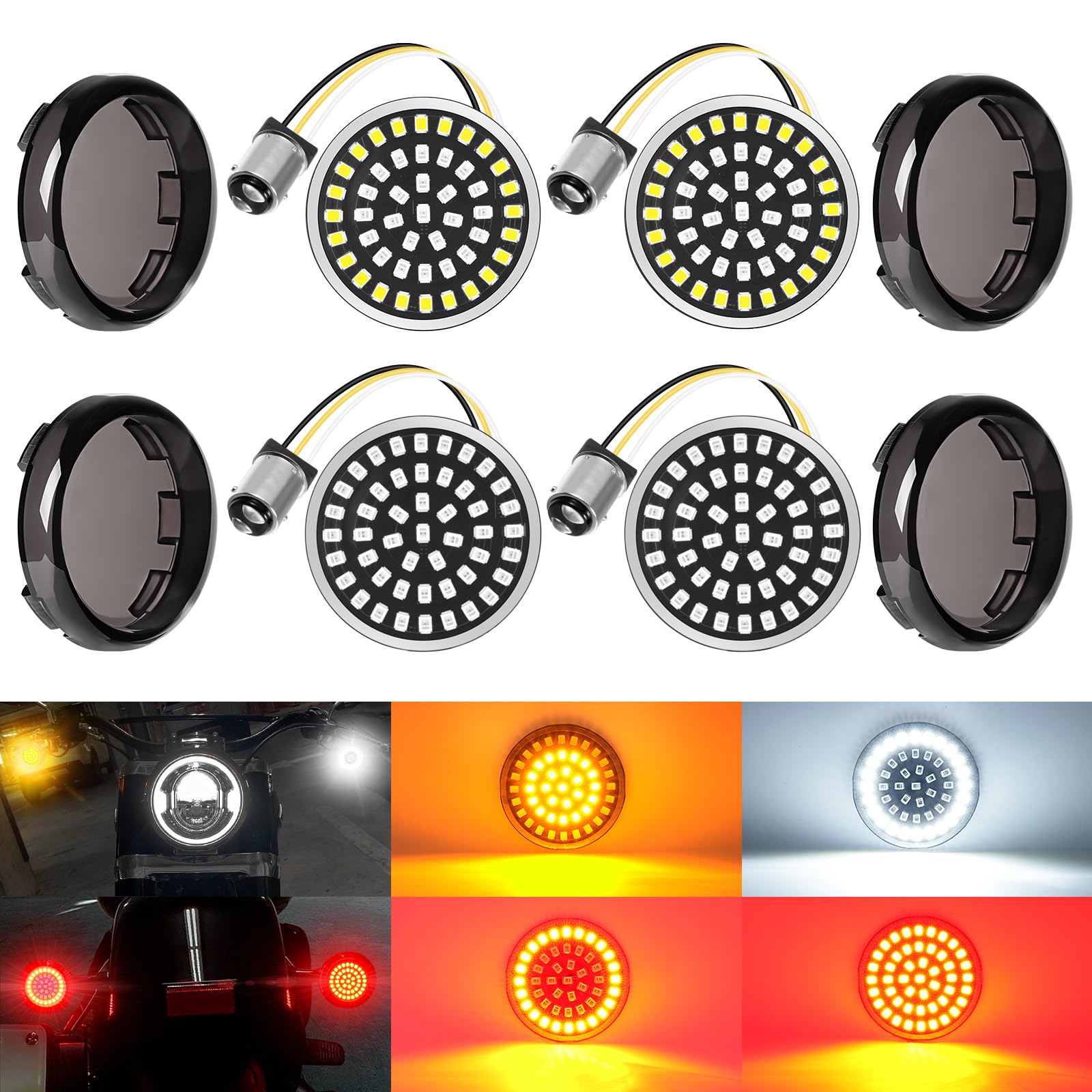 Benlari 2inch Turn Signals, 48LEDs Front Rear 1157 Turn Signals with 4 Smoked Lens Cover Fit for Harley Touring Street Glide Roa