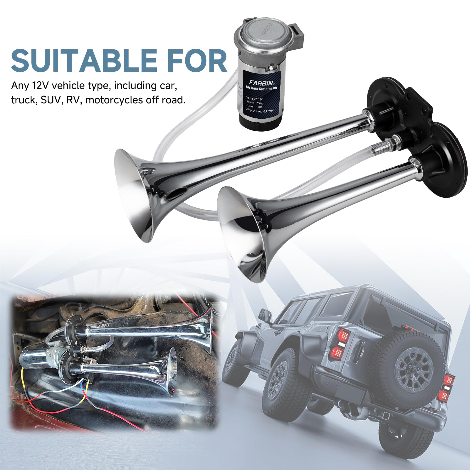 Farbin Car Horn 12V 150Db Super Loud Air Horn, Chrome Zinc Dual Trumpet Air Horns, Truck Horn With Compressor And Wire Harness,