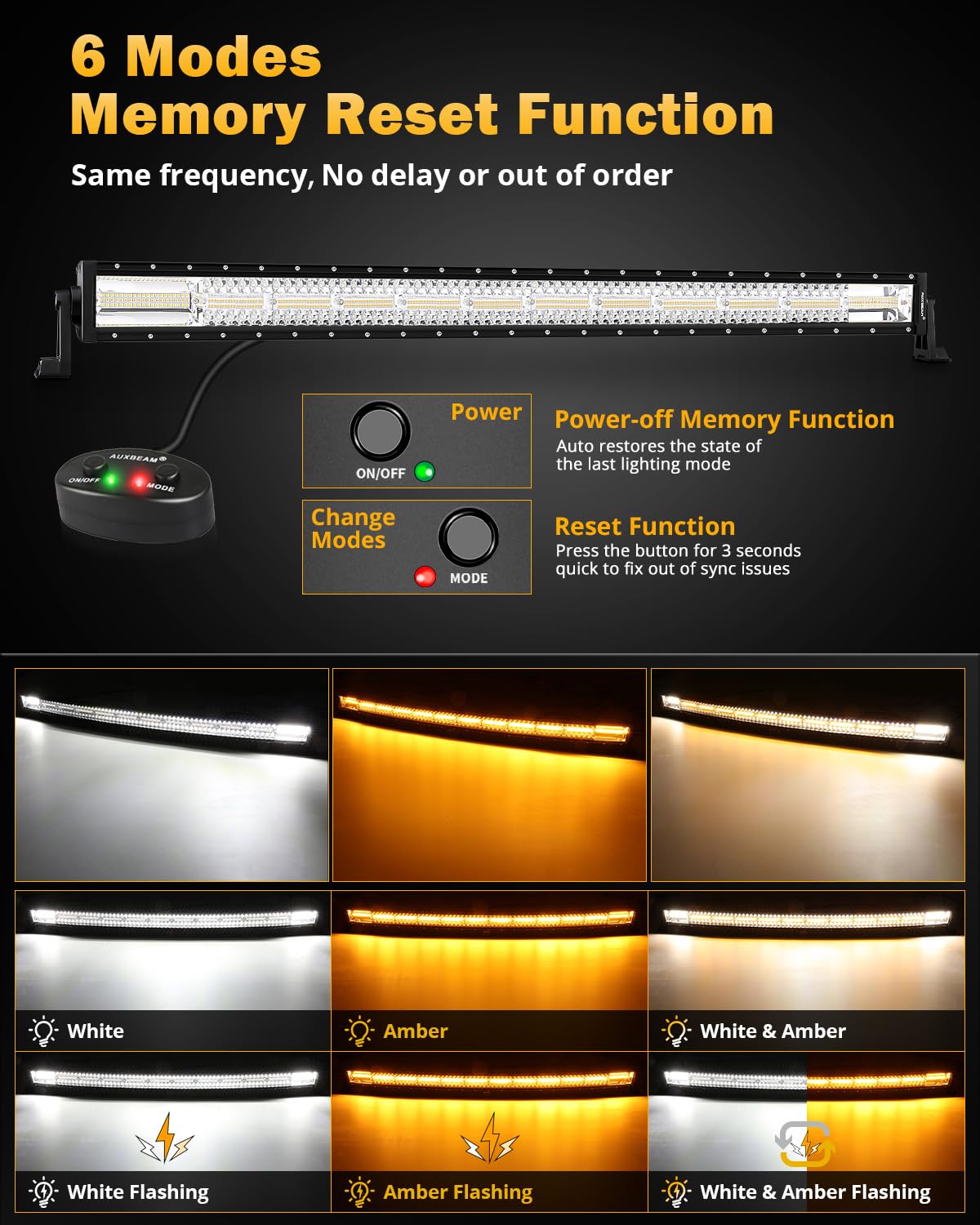 Auxbeam 6 Modes Amber White Series 50 Inch Curved Led Light Bar 288W Strobe Flash Warning Multi-Function Offroad Lighting Spot F