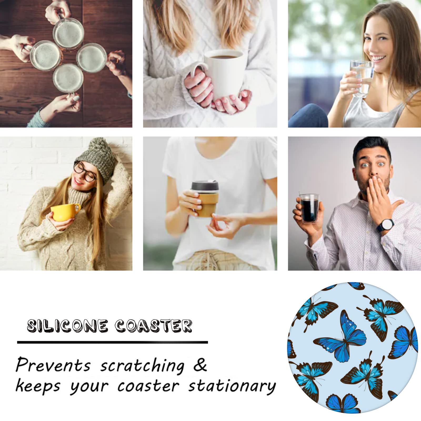 Blue Butterfly Steering Wheel Cover for Women Men with 2 Pcs Car Coasters, Universal 14.5-15 Inch Rainbow Steering Wheel Covers