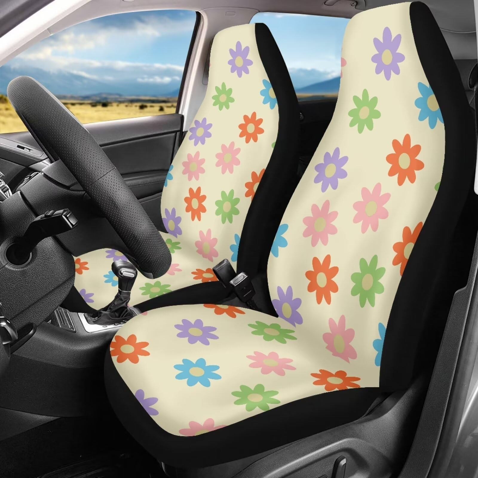 Fuibeng 2 Pack Aesthetic Hippie Flower Car Seat Covers For Women,70S 80S Boho Groovy Floral Seat Cover For Front Seats,Washable