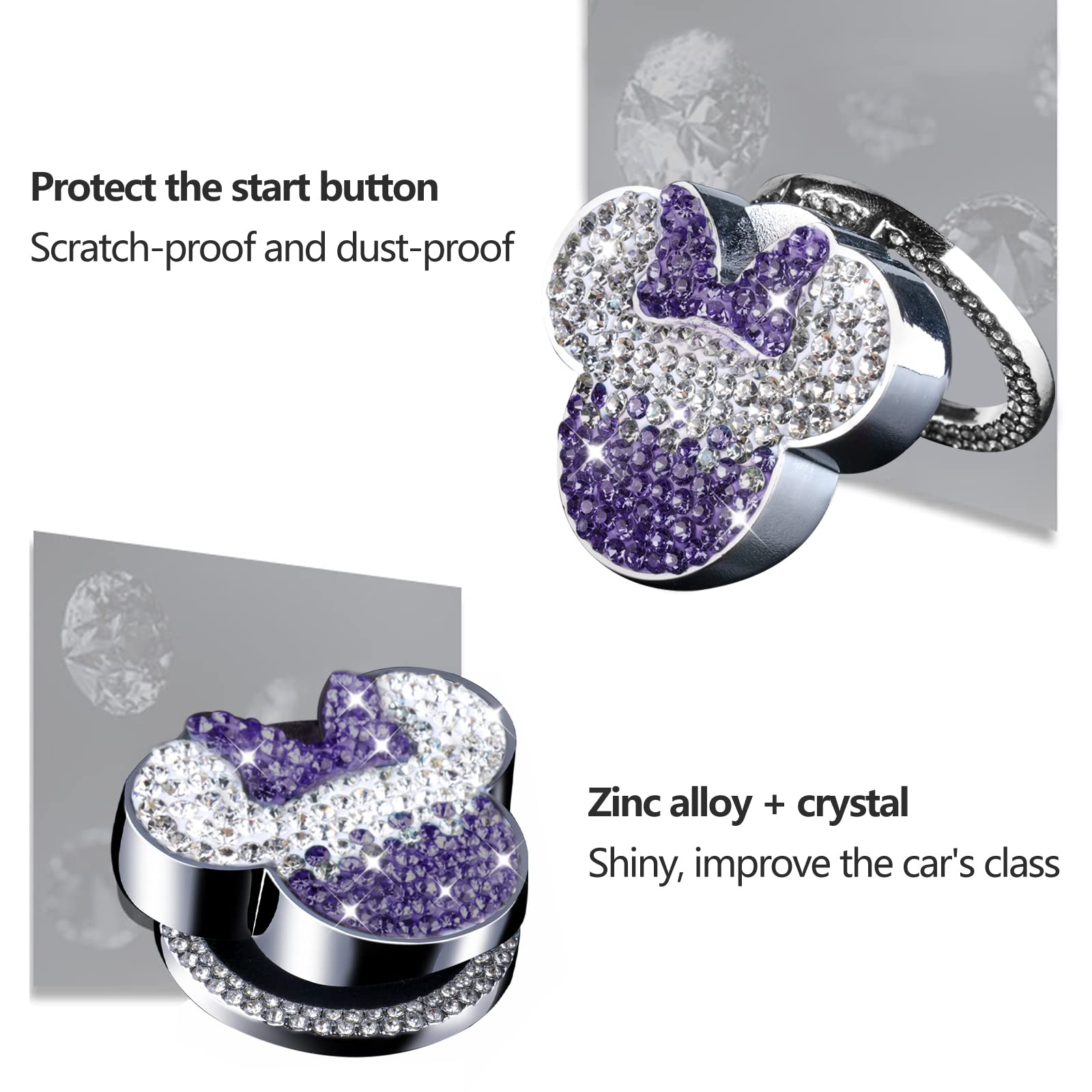 Pangpai Car Cute Push To Start Button Cover Accessories, Bling Crystal Car Engine Start Stop Button Cover, Purple Car Decoration Interior Sticker For Women Girl