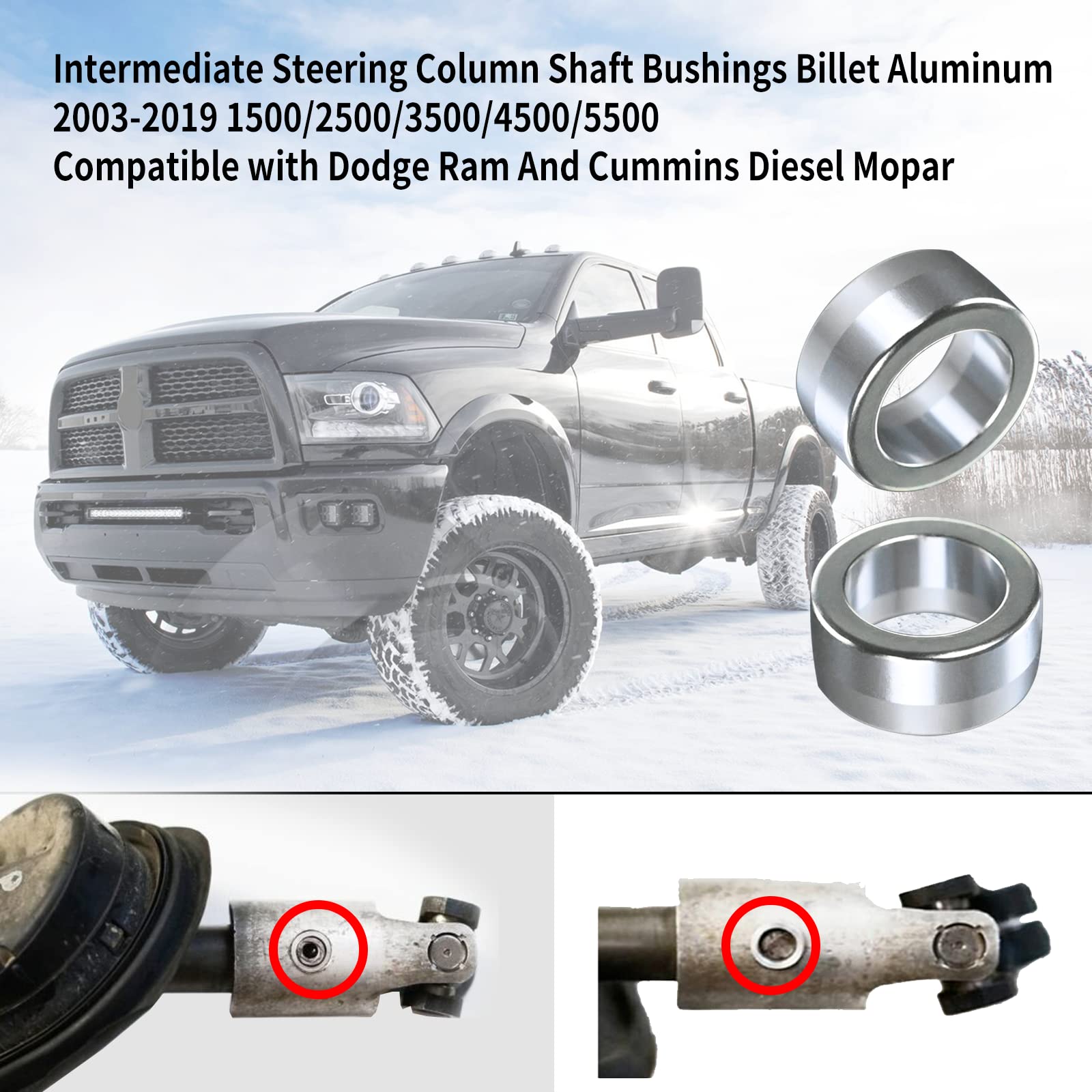 Vsttar 1 Pair of Intermediate Steering Shaft Bushings Column Stem 6061-Billet Aluminum 2003-2019 Bushing 1500/2500/3500/4500/550