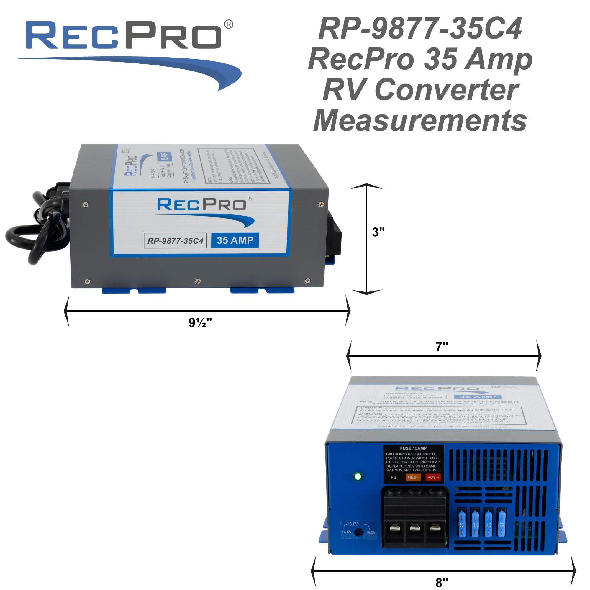 Recpro Rv Converter 35 Amp | Rv Power Converter & Battery Charger | 4 Stage Smart Charging | 120Vac To 12Vdc | 13V To 16.5V Oper