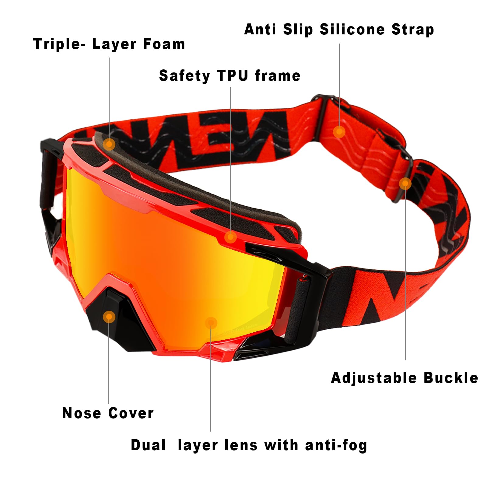 Nenki Dirt Bike Goggles Motocross Goggles With Nose Cover Mx Goggles Atv Off Road Dirtbike Goggles For Unisex Adult (Red Lens)
