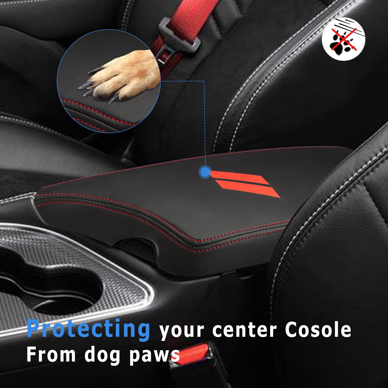 Intget Car Center Console Armrest Cover For Dodge Challenger Accessories 2023 2022 2021 2020 2019 2018 2017 2016 2015 Interior Arm Rest Seat Cover Middle Console Cover Lid Protector Pad (Red Stitches)