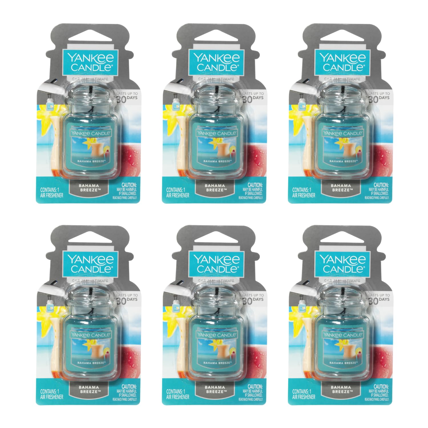 Yankee Candle Car Air Fresheners, Hanging Car Jar Ultimate, Neutralizes Odors Up To 30 Days, Bahama Breeze, 0.96 OZ (Pack of 6)