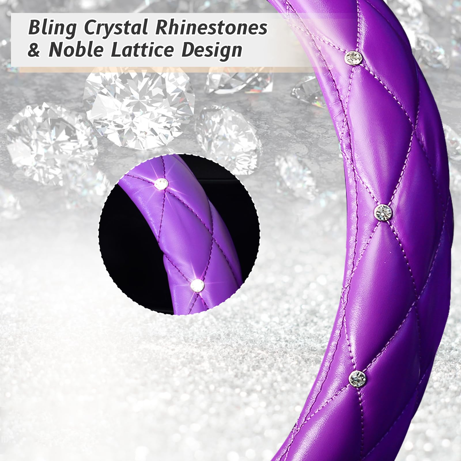 Kafeek Diamond Soft Leather Steering Wheel Cover With Bling Bling Crystal Rhinestones, Universal 15 Inch, Purple