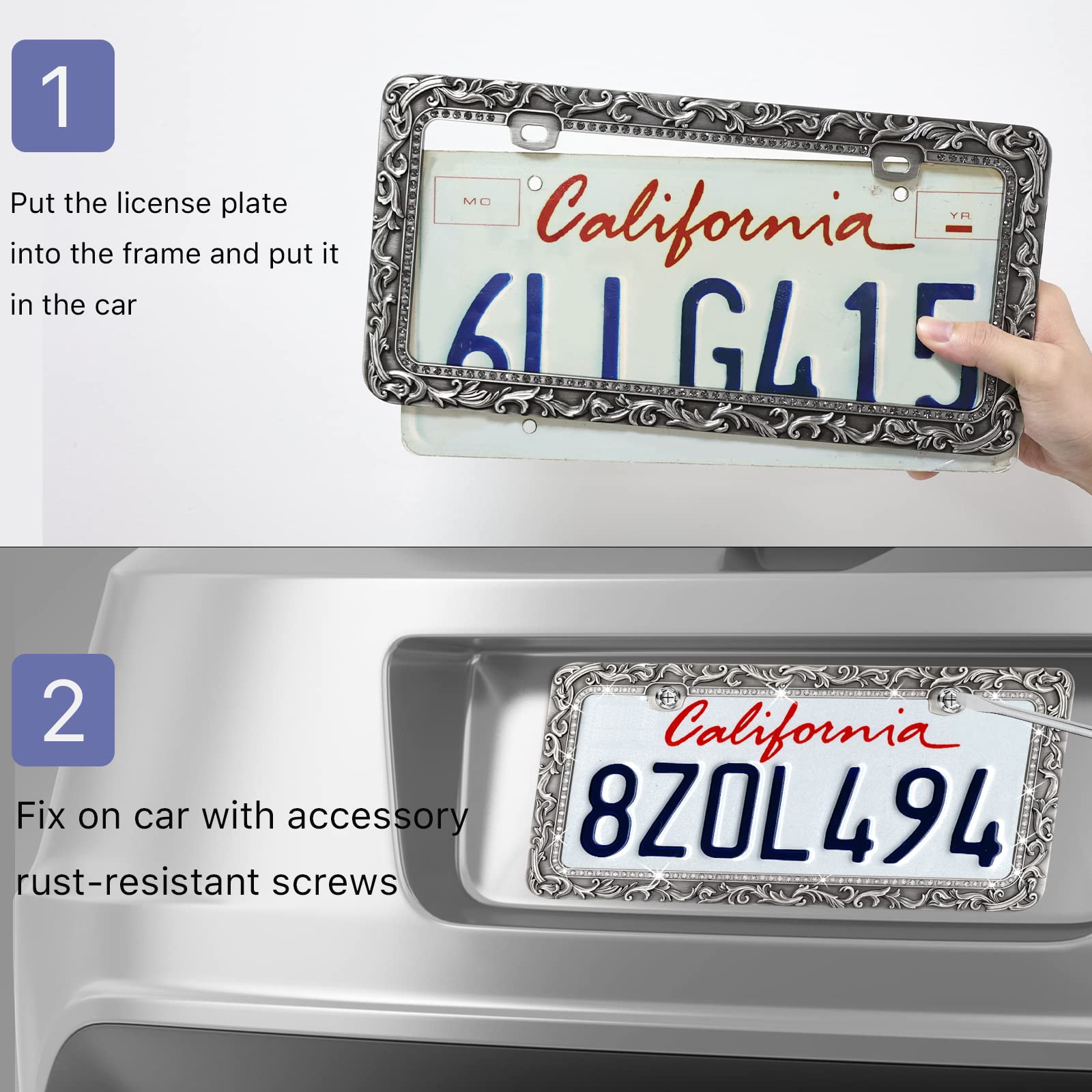 Valor Metal Car License Plate Frames,Antique Old Pattern Printing, Bling Crystal Rhinestones Inlaid,Universal 2 Holes Automotive