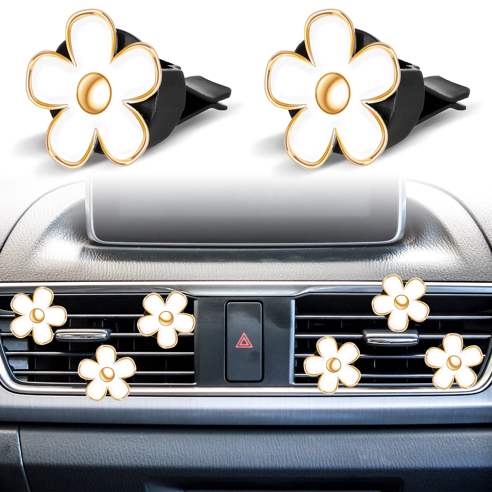6 Pcs Daisy Flower Air Vent Clip Air Conditioning Outlet Clip Car Air Freshener Clip Charm Car Inter Decor Accessories (White,3