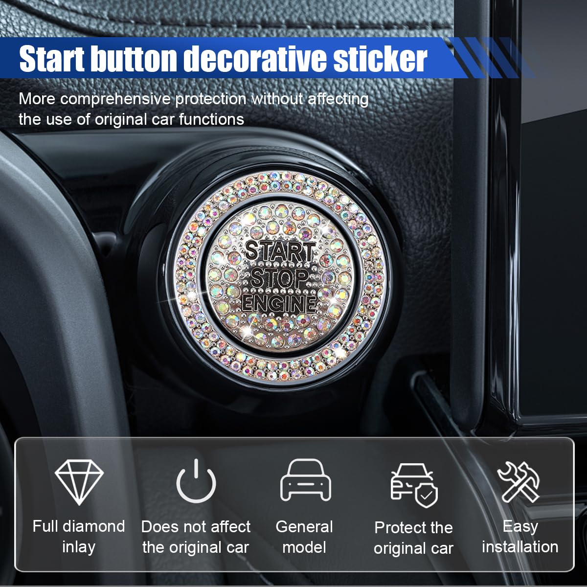 Bling Crystal Car Engine Start Ring Sticker, Sparkling Rhinestone Push Start Button Decorative Cover, Anti-Scratch Key Ignition