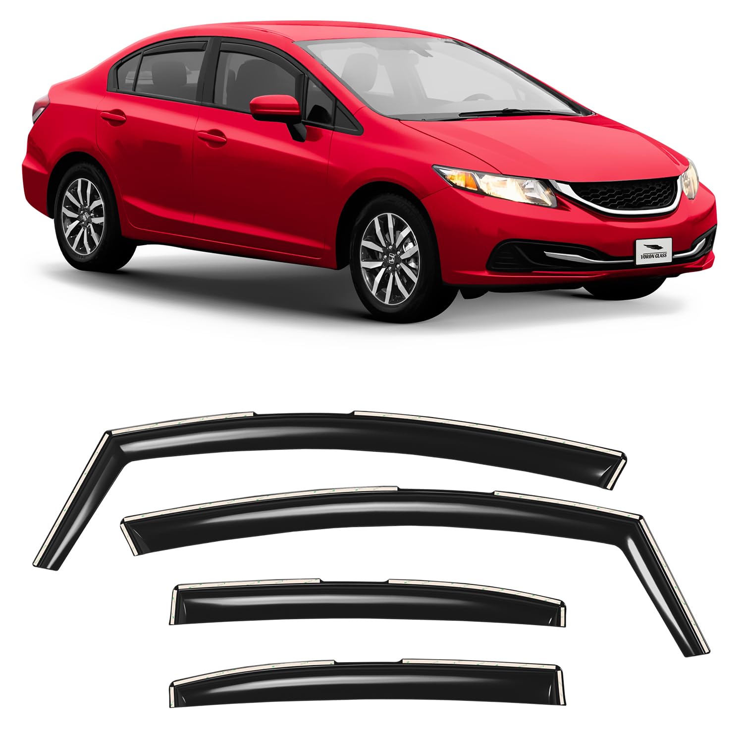 Voron Glass in-Channel Extra Durable Rain Guards for Honda Civic 2012-2015 Sedan, Window Deflectors, Vent Window Visors, 4 Piece