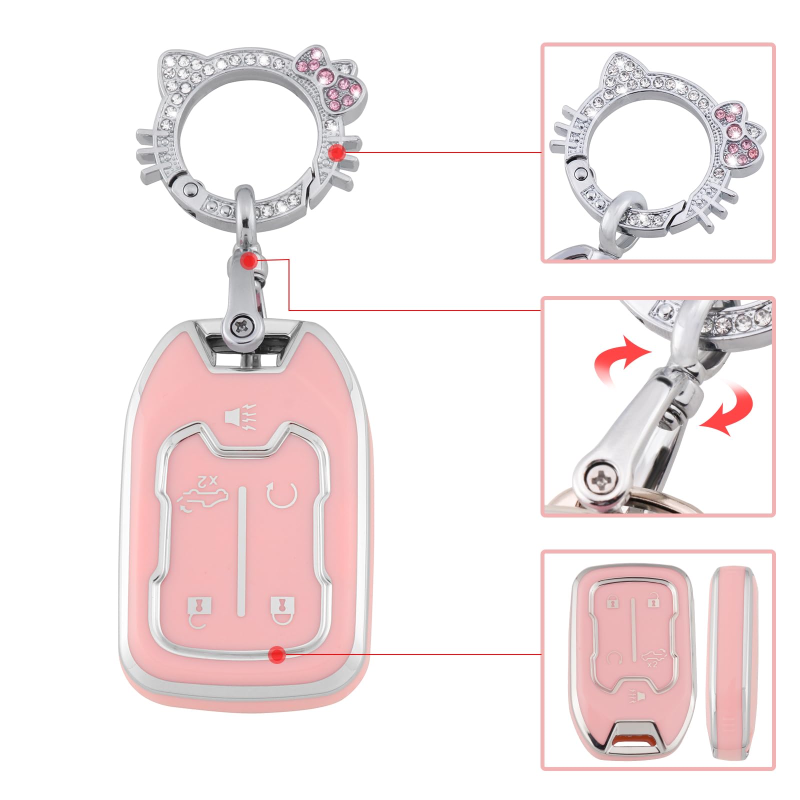 Pangpai Pink Key Fob Cover for Chevy GMC, Soft TPU Key Case Protection with Bling Keychain Fit for Silverado GMC Sierra 1500 250