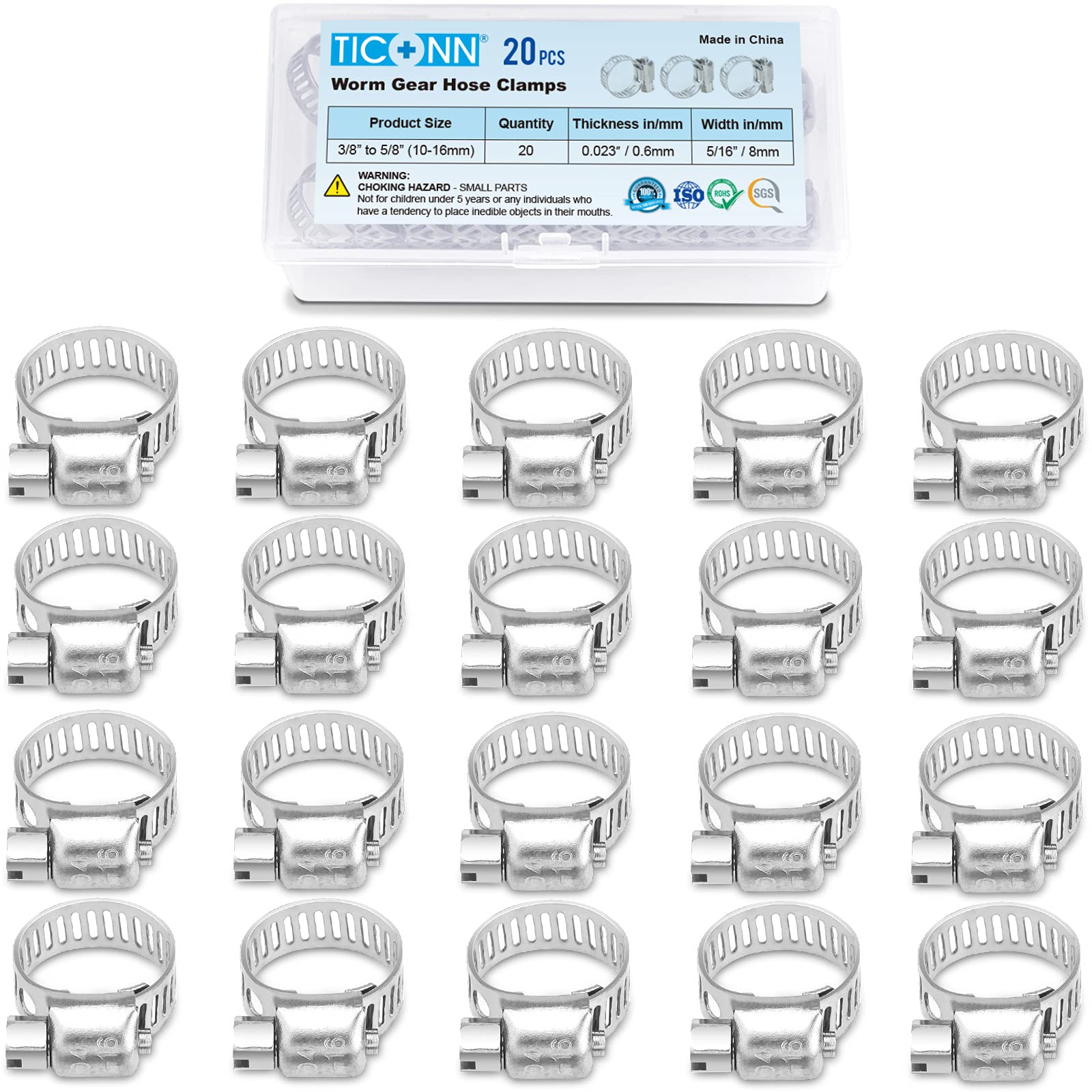 Ticonn 20Pcs Hose Clamp Set - 3/8 ' '-5/8 ' ' 304 Stainless Steel Worm Gear Hose Clamps For Pipe, Intercooler, Plumbing, Tube An