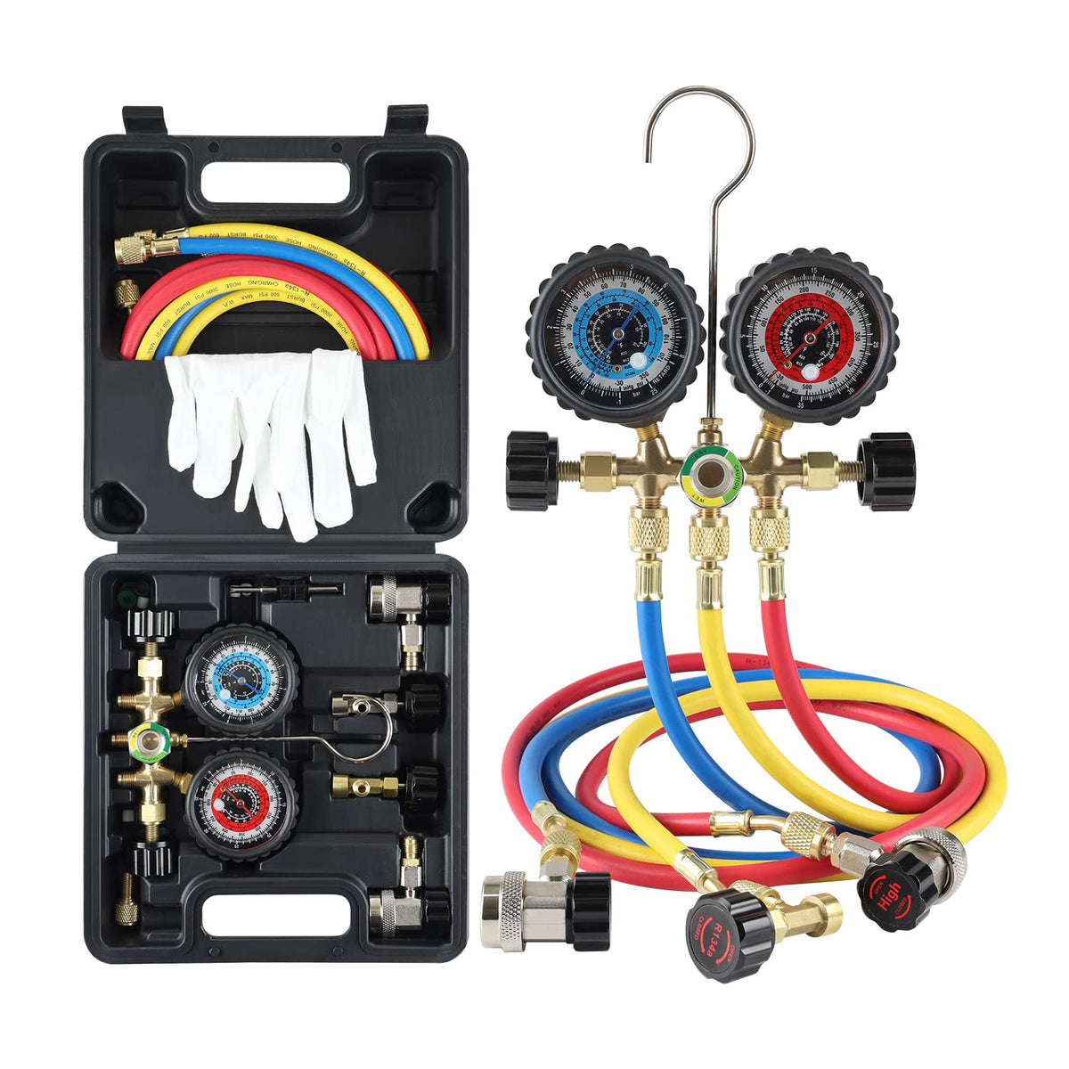 Lichamp Ac Gauges R134A R22 R12 R502 A/C Diagnostic Manifold Gauge Set With 5Ft Hose, Couplers Puncture And Self Sealing Can Tap