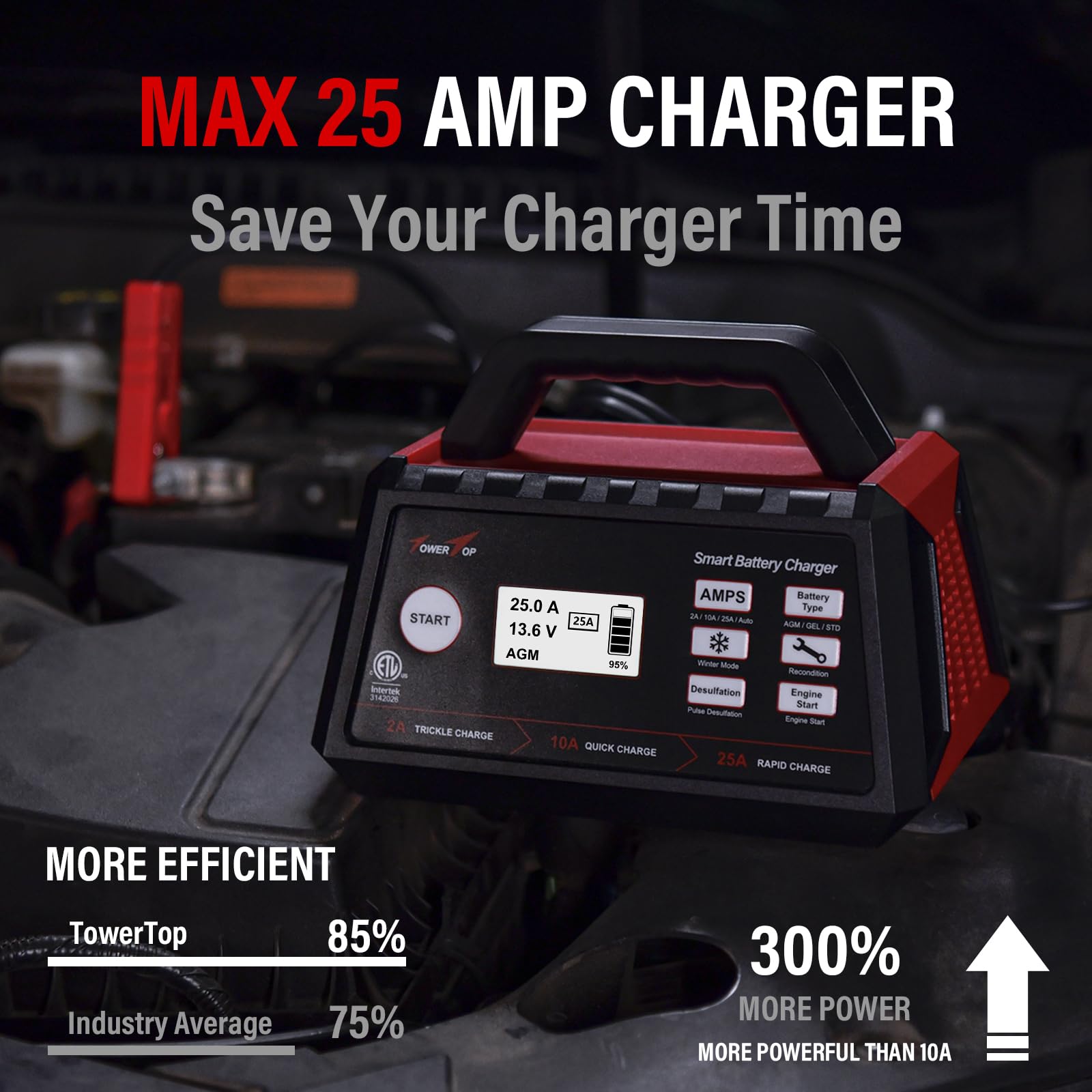 Towertop 2/10/25 Amp 12V Smart Car Battery Charger, Fully Automatic Battery Maintainer With Engine Start, Auto Desulfator, Battery Repair, Winter Mode, For Agm, Std, Gel, Deep Cycle Batteries