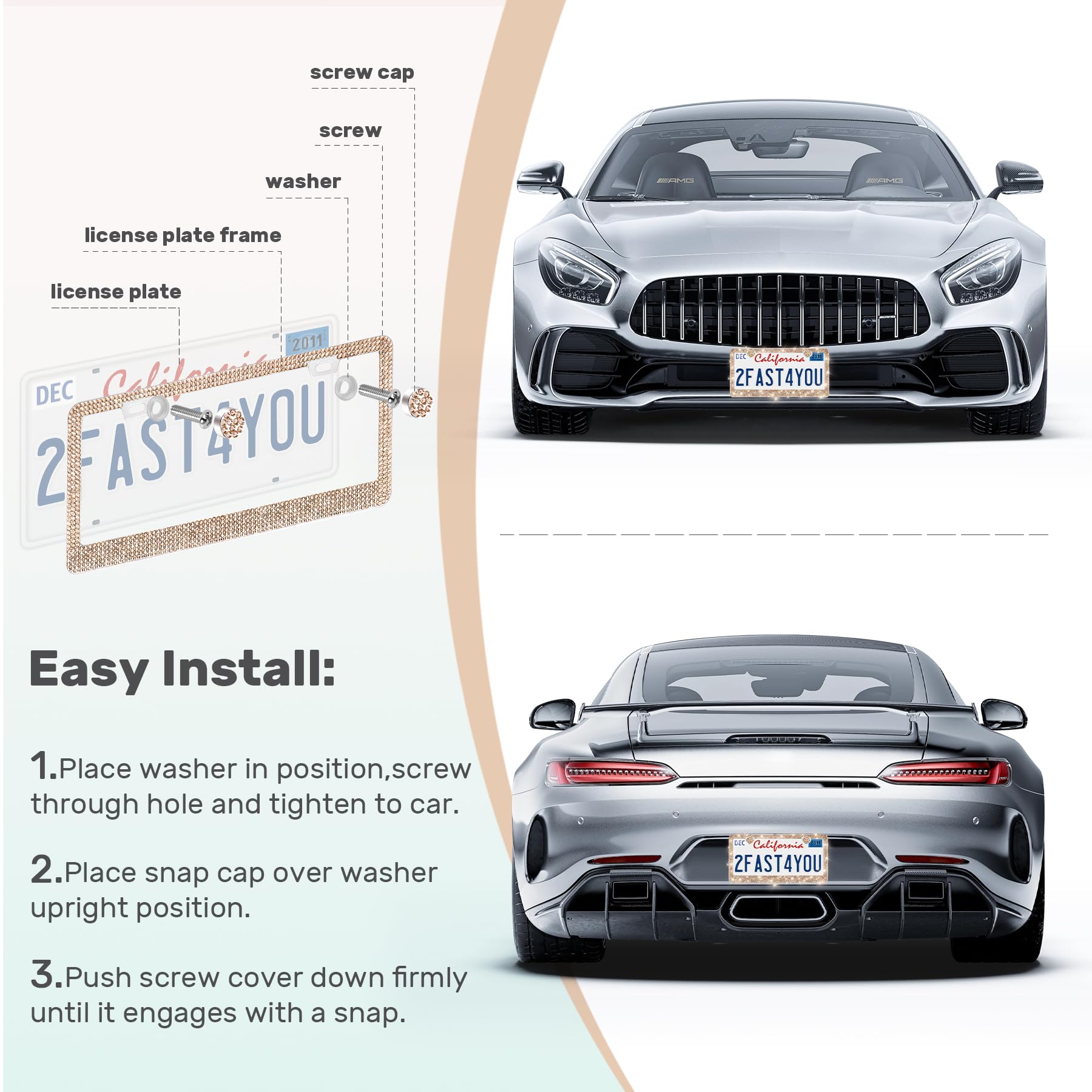 Quanqiufei 2 Pack Bling License Plate Frames, Sparkly Rhinestone Diamond Car License Plate Cover For Women, Stainless Steel Car