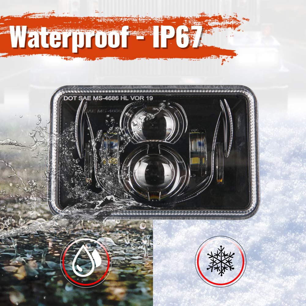 BICYACO 4 PCS DOT 60W 4x6 Inch LED Headlights Rectangular Replacement H4651 H4652 H4656 H4666 H6545 Compatible with Peterbilt Ke