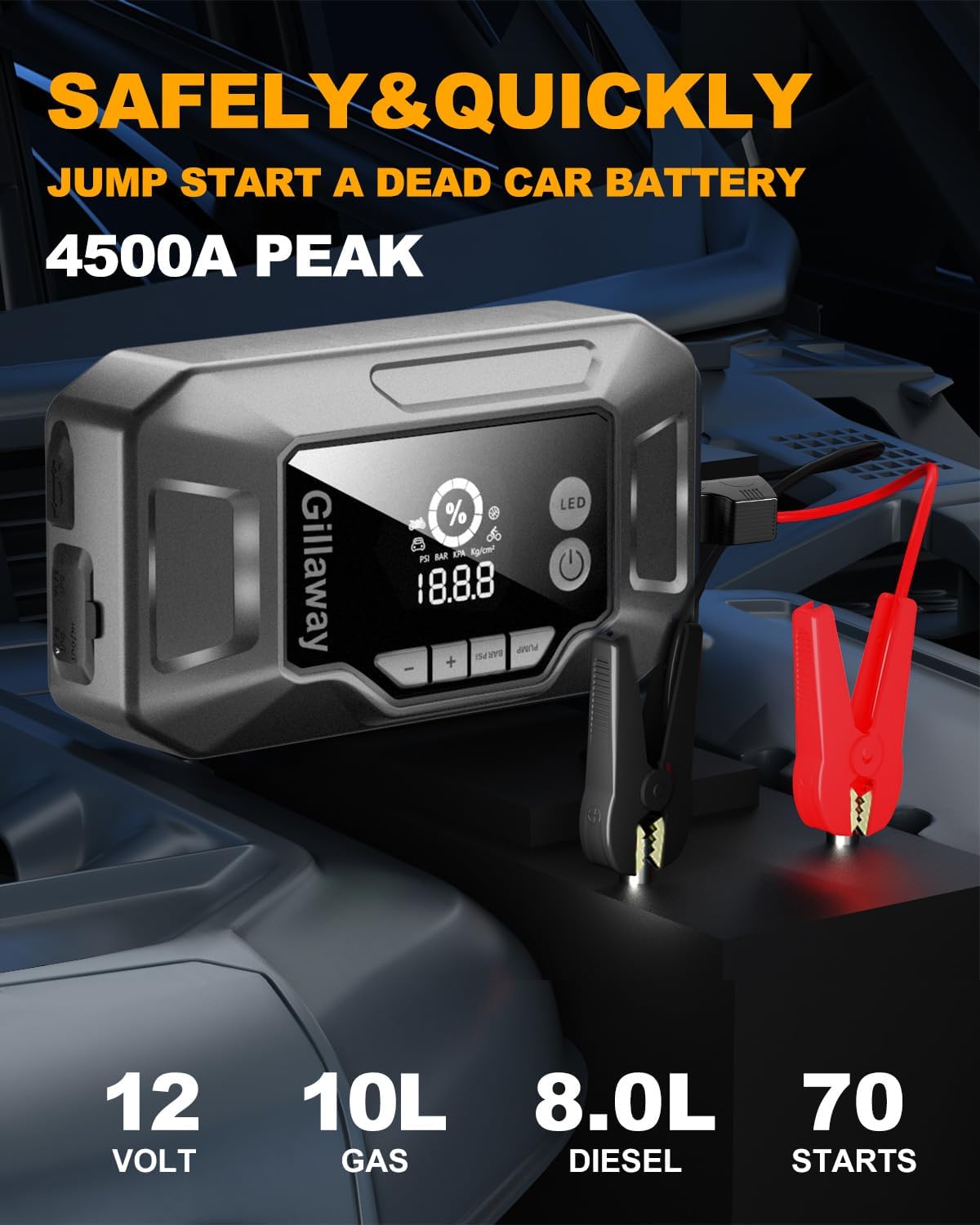 Q11 4500A Car Jump Starter With Air Compressor Combo 150Psi, Portable Car Battery Jump Starter Battery Pack (10L Gas/8.0L Diesel