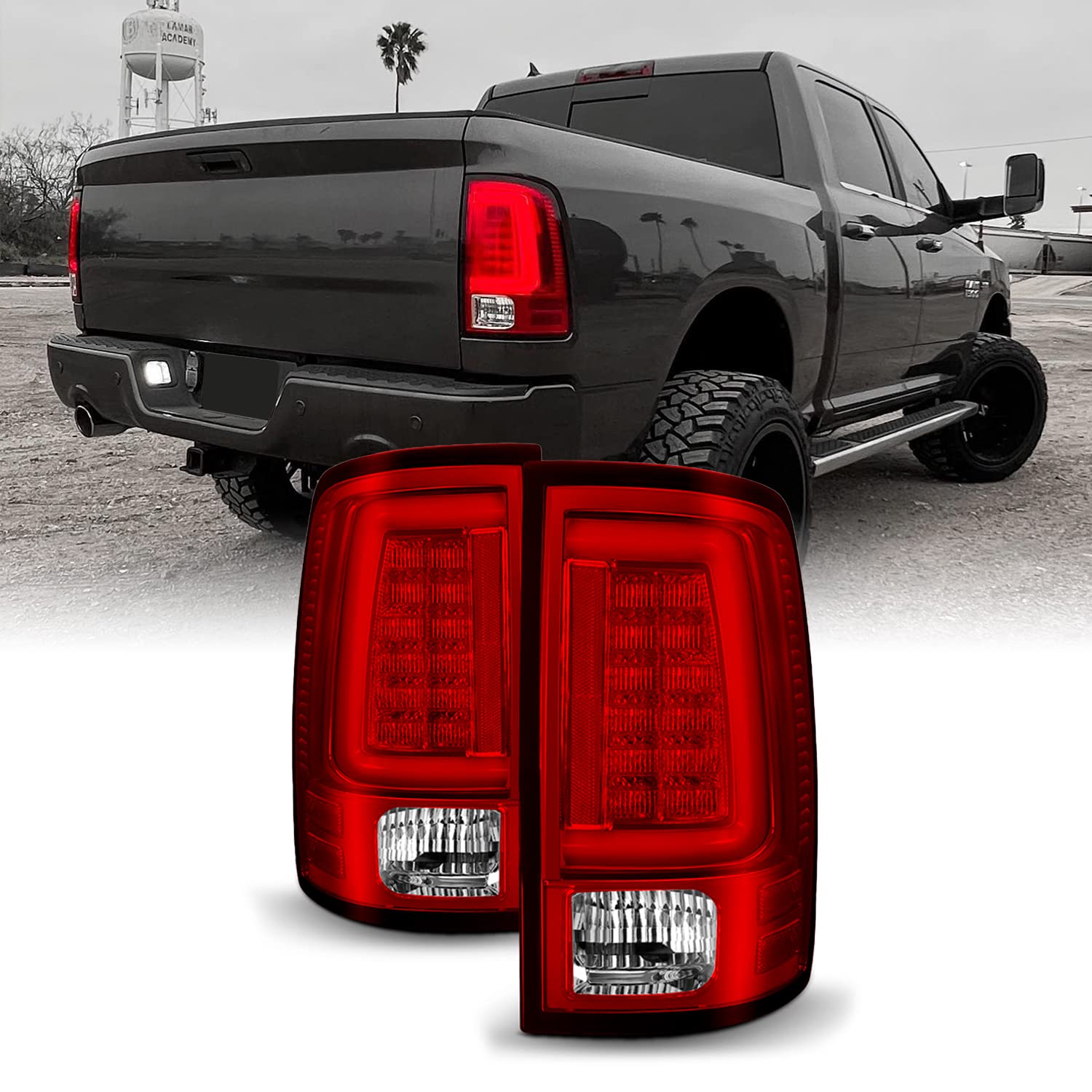 AKKON  For [CShape LED Light Lube] 20092018 Dodge Ram Pickup Truck (DS/DJ/D2) v2 Red Clear Tail Lights Rear Brake Lamps Left+