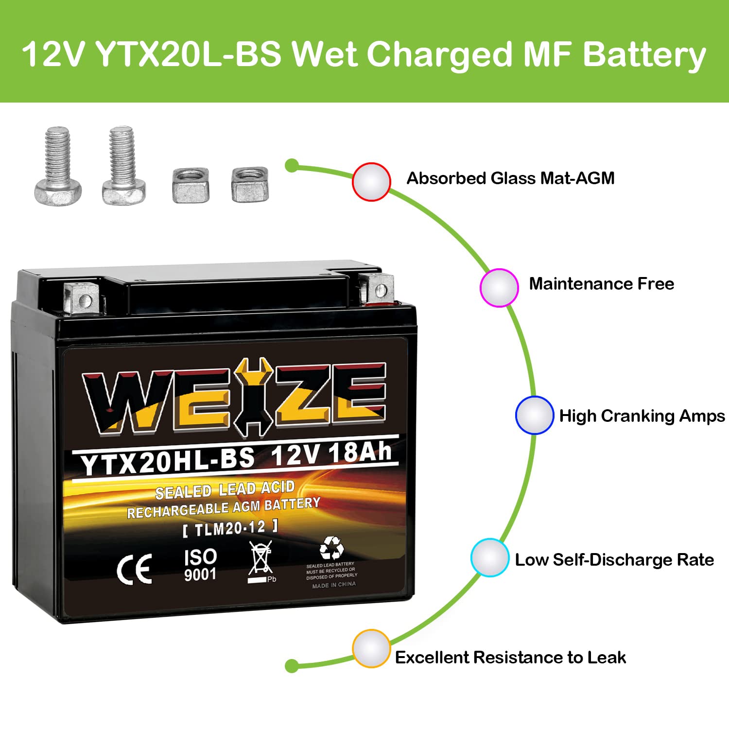 Weize Ytx20Hl-Bs Battery, High Performance - Maintenance Free - Sealed Agm Etx20Hl Bs Motorcycle Battery