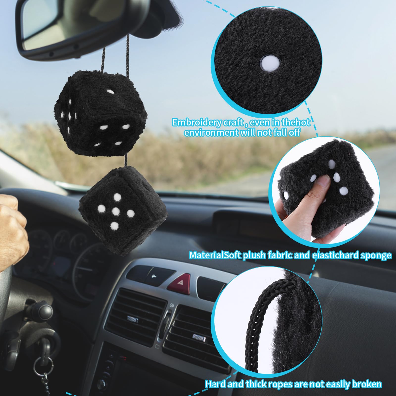 Fuzzy Dice For Car Mirror, Pair Of Retro 2.75    Fuzzy Dice For Rear View Mirror With White Dots For Car Interior Hanging Orname