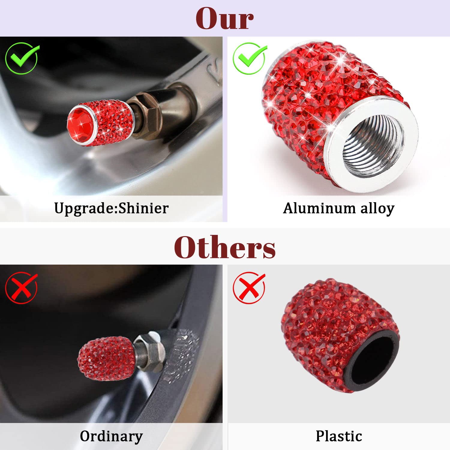 Tobequeen Bling Tire Valve Caps Red, 4 Pack Handmade Crystal Rhinestone Valve Stem Covers Universal Dustproof Bling Car Accessories For Car/Suv/Motorcycle/Bike(Red)